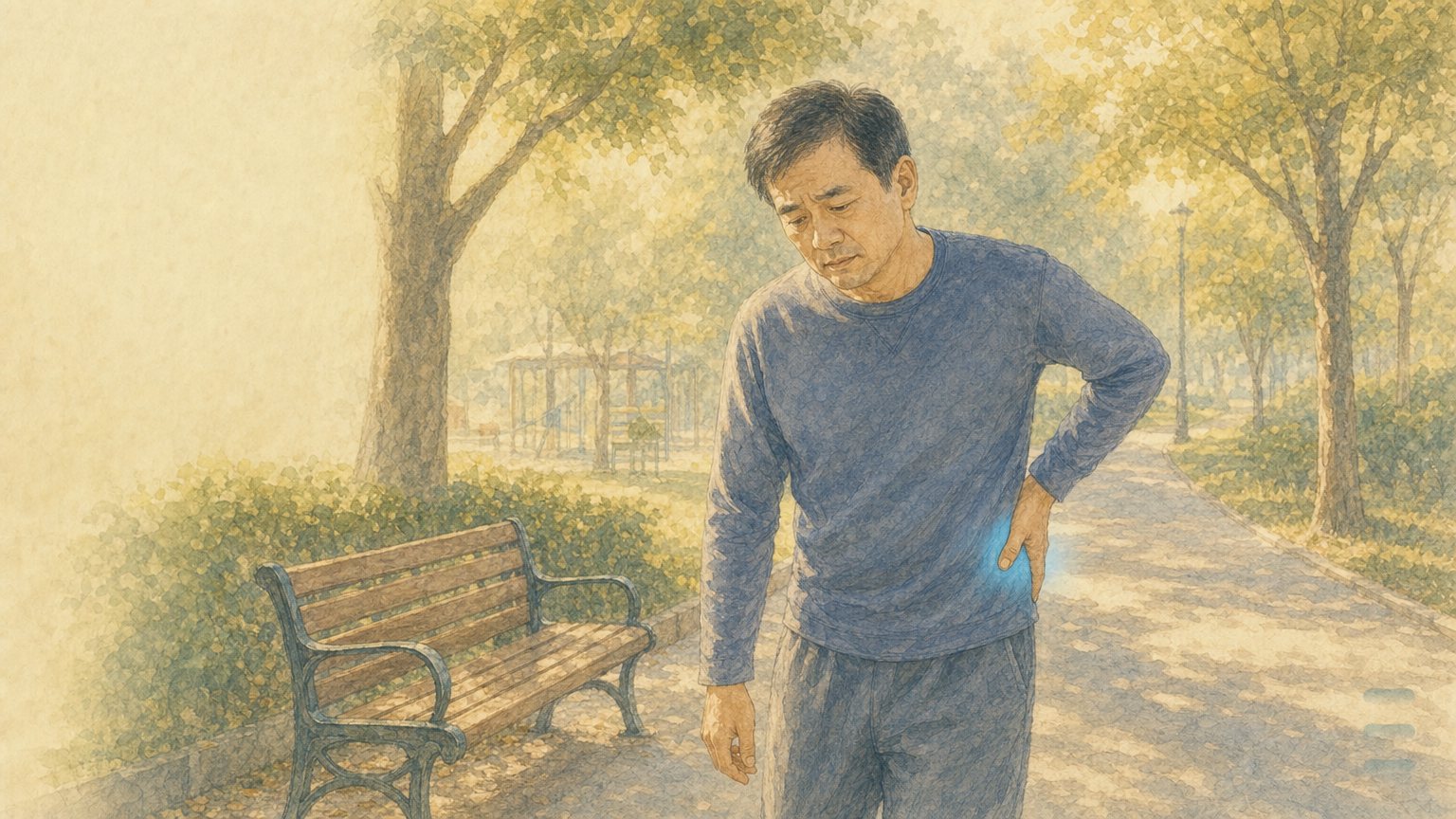 五十歲男子在公園步道停下扶著髖部(溫暖敘事插畫)