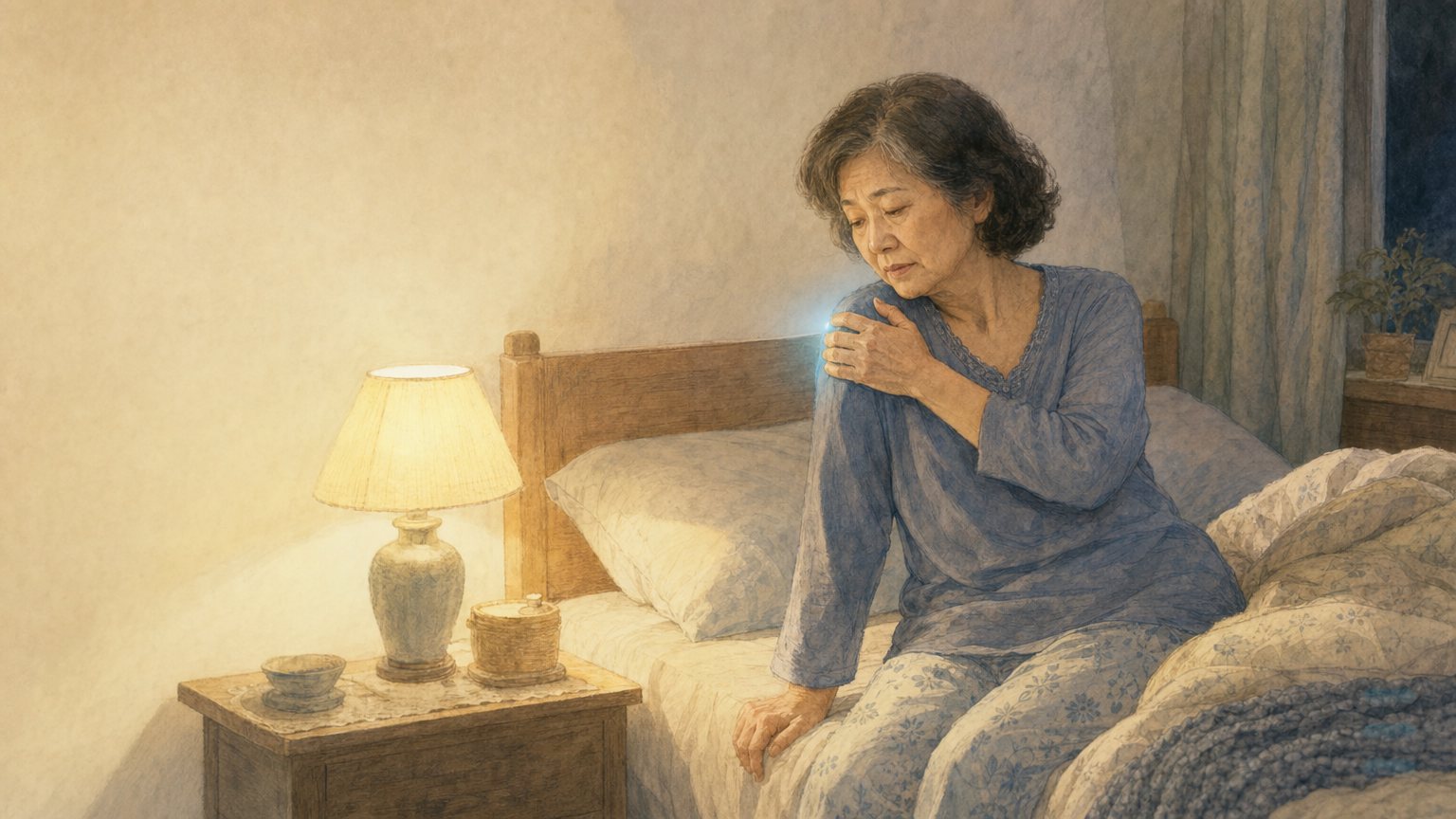 六十五歲婦人深夜坐在床沿扶著疼痛的肩膀(溫暖敘事插畫)