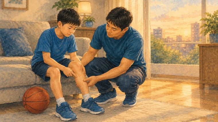 溫暖水彩插畫:十二三歲的男孩坐在沙發邊指著自己右膝下方的脛骨位置,一位大人半蹲在他面前托著小腿察看