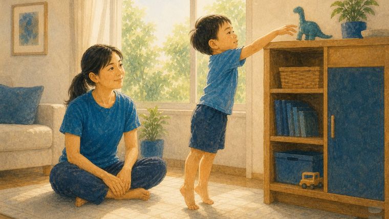暖調水彩插畫：約四五歲的男孩光著腳踮起腳尖去拿矮櫃上的恐龍玩具，媽媽盤腿坐在旁邊看著他