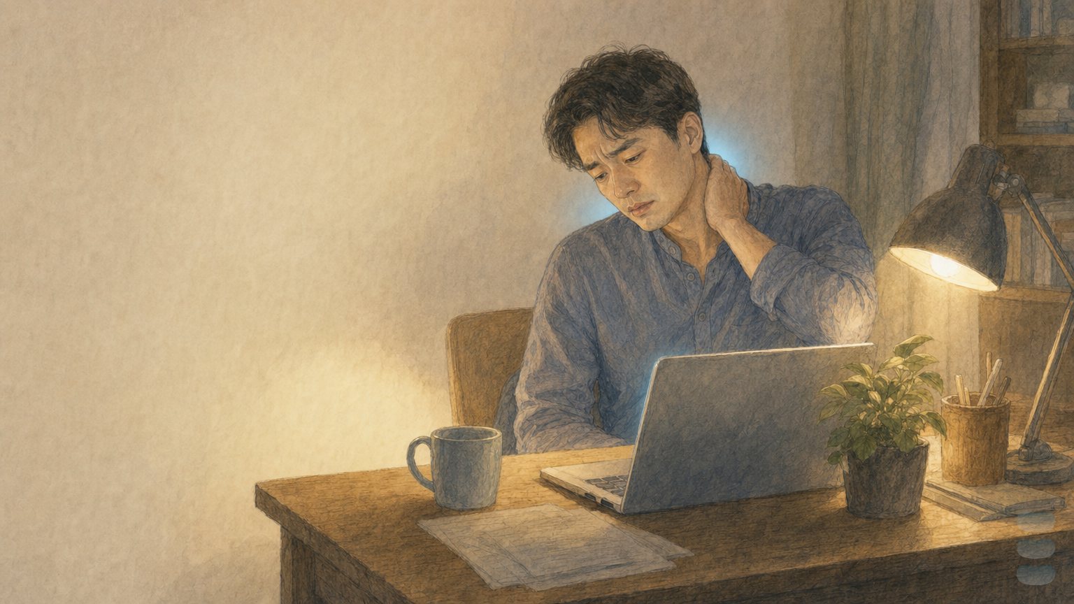 工程師深夜在筆電前揉著痠痛的後頸(溫暖敘事插畫)