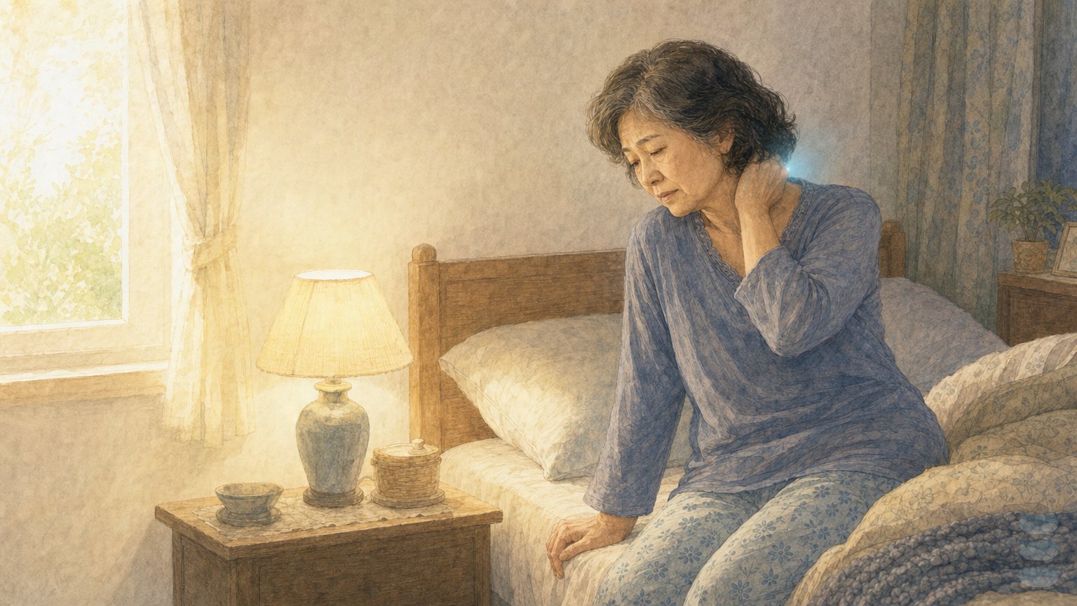 婦人坐在床沿按著後頸與後腦交界(溫暖敘事插畫)