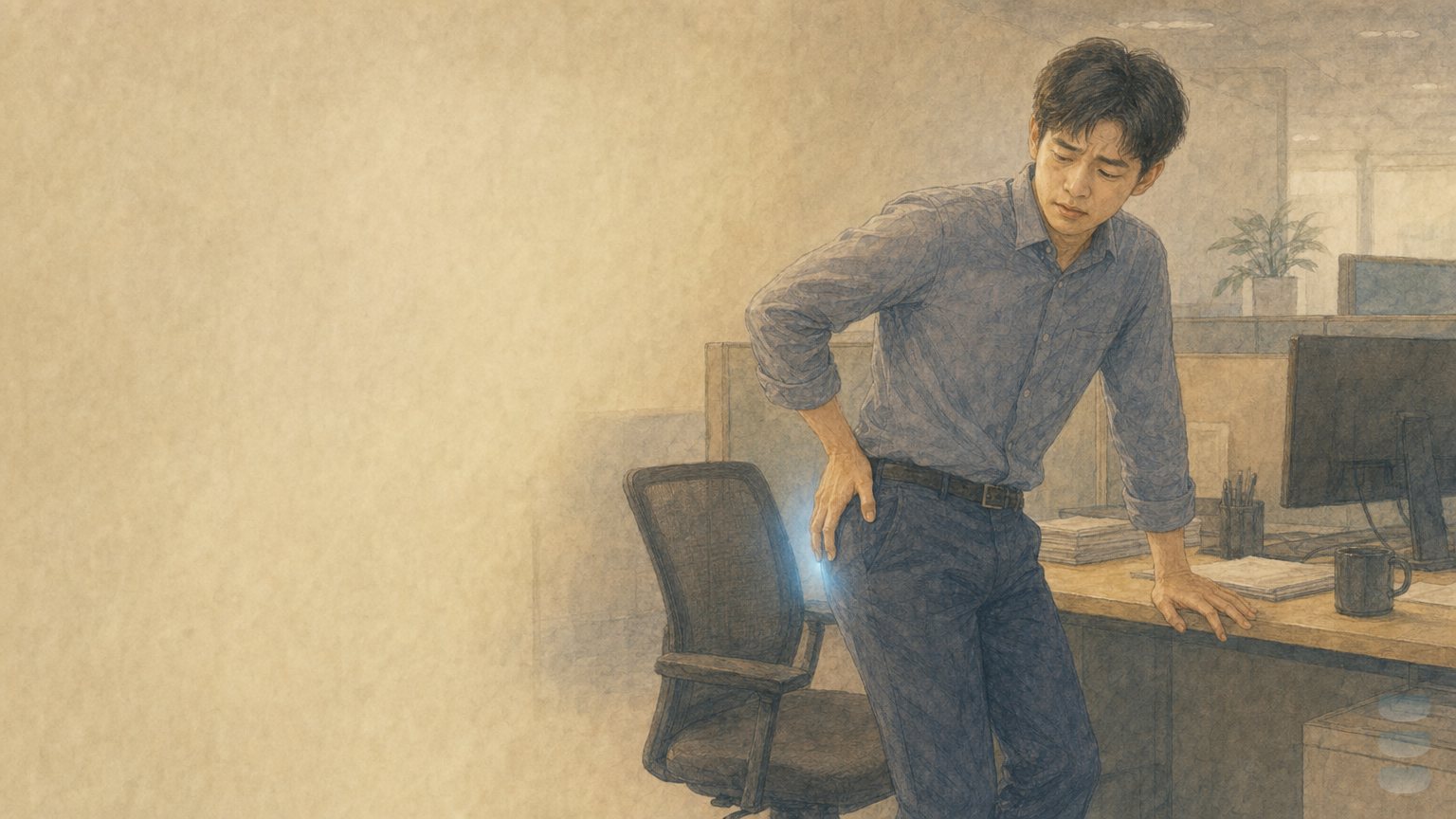 上班族起身時揉著發麻的臀部外側(溫暖敘事插畫)