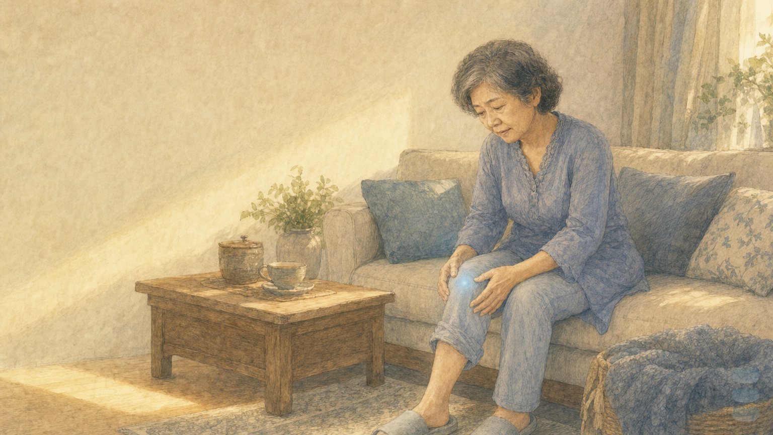 長輩在沙發上察看微腫的膝蓋(溫暖敘事插畫)