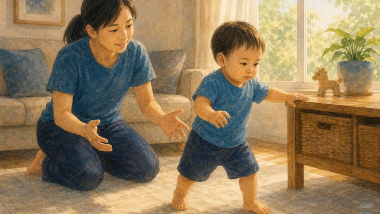 暖調水彩插畫：一歲多的幼兒扶著矮櫃正要跨出第一步，媽媽跪在身後半步張開雙手準備著但沒有碰到他