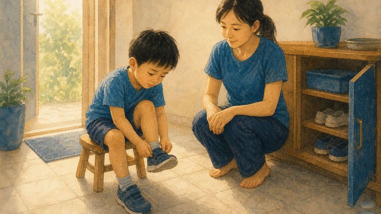 暖調水彩插畫：約四歲的男孩坐在小凳子上專心自己穿鞋，媽媽蹲在旁邊一步的距離沒有伸手幫忙