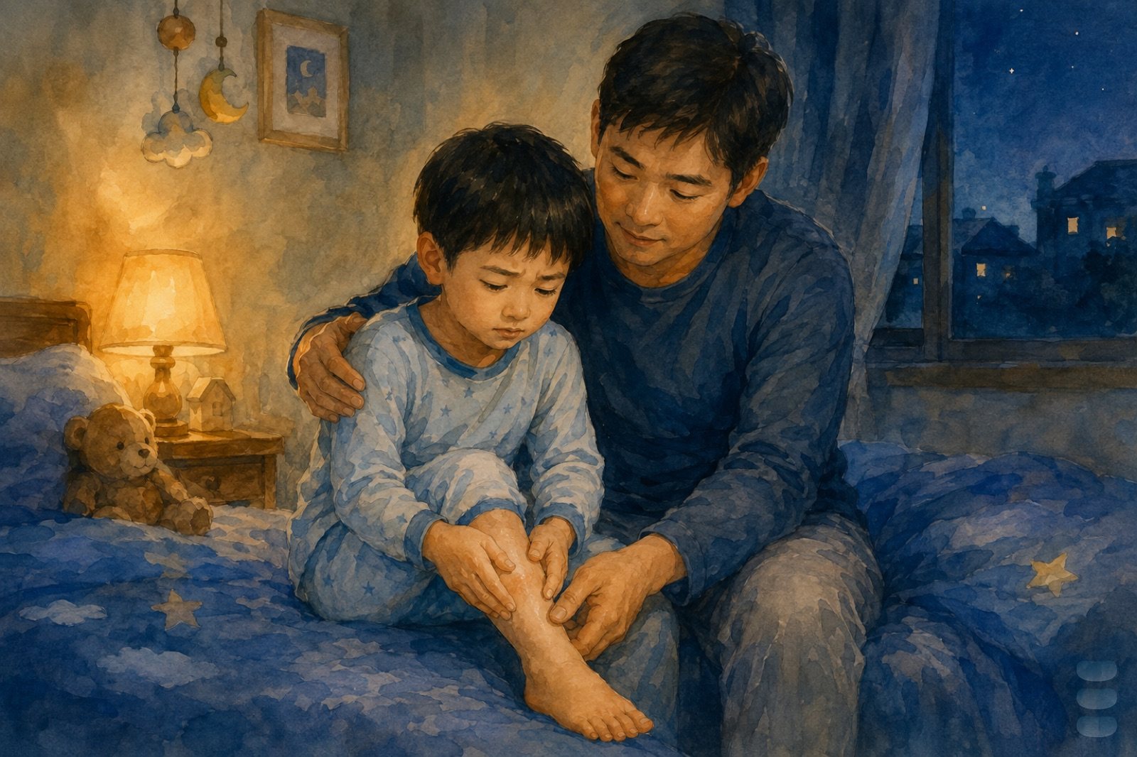 夜裡的兒童房,爸爸坐在床邊摟著穿睡衣的孩子,一手溫柔地幫他揉小腿,床頭亮著暖黃小夜燈