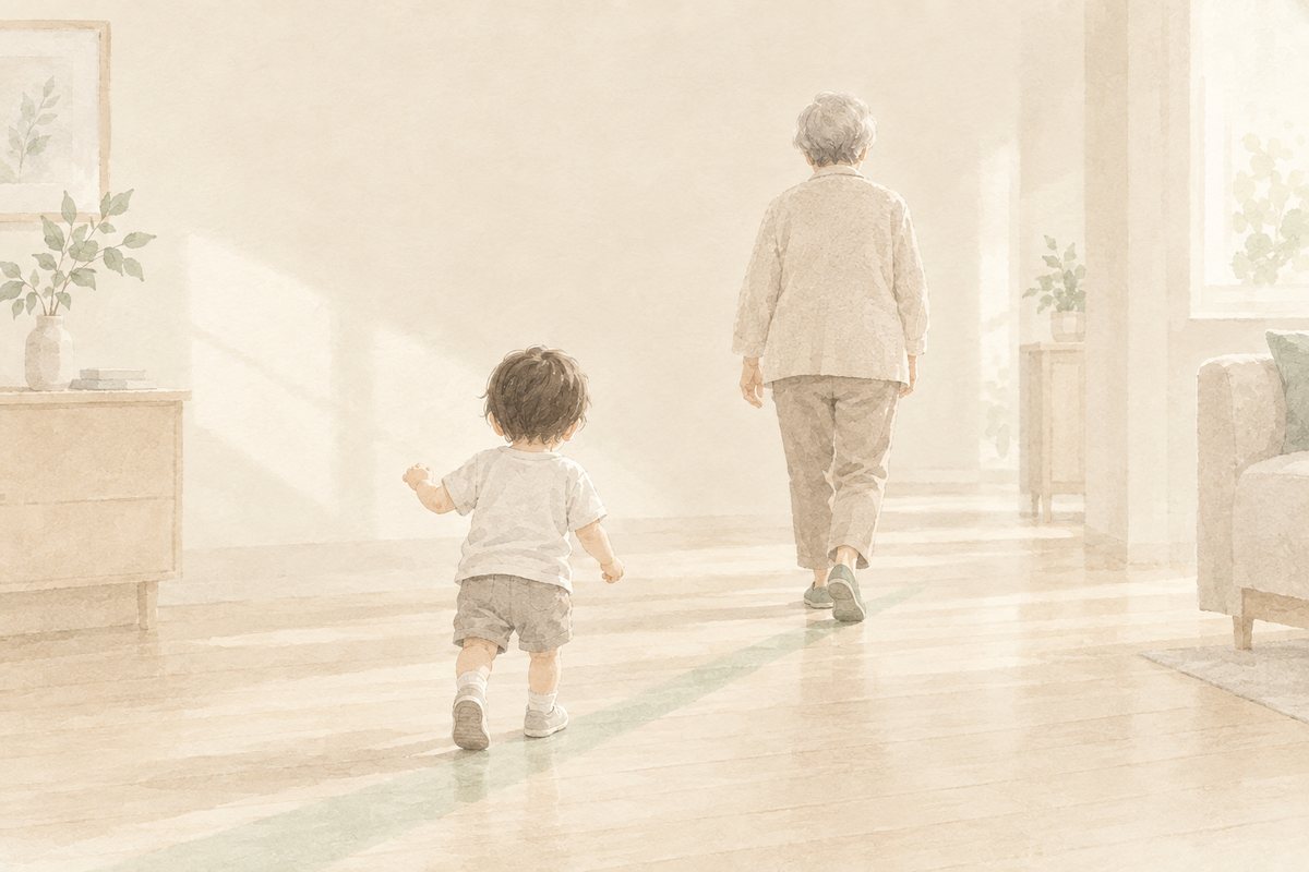 插畫:一個幼兒在前方踏出第一步,一位長輩在稍遠處踏出下一步,兩人背對觀者朝同一個方向走,地板上有一道淡綠光帶