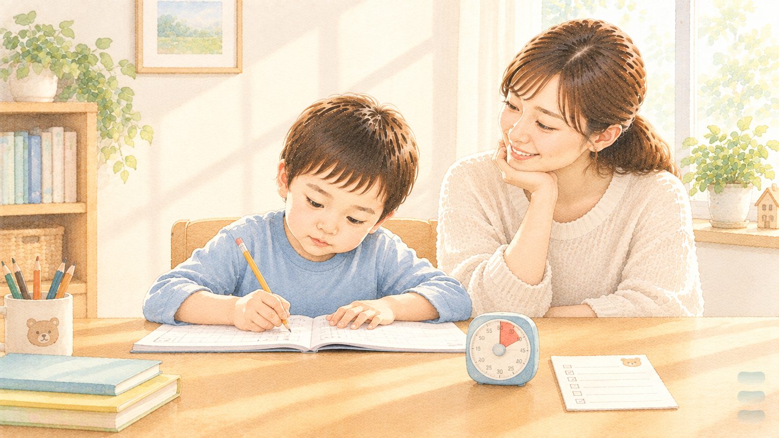 AI 生成水彩情境插畫:家中書桌前,學齡兒童正在寫作業,桌上放著計時器與一張只寫了幾行的紙,家長坐在旁邊安靜陪著(非本院治療師或實際病人)