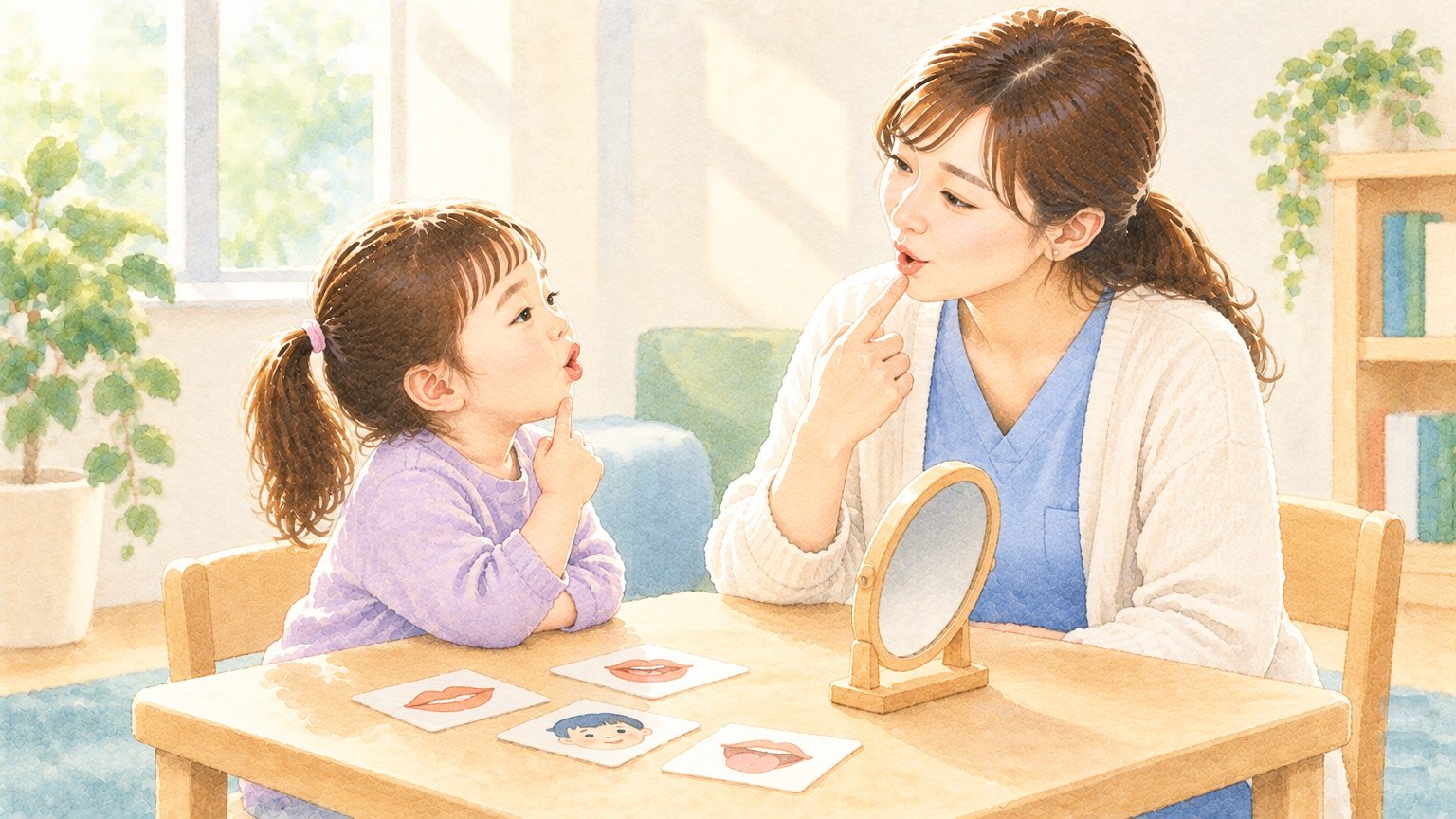 水彩情境插畫:嘉義嘉韻語言治療室裡,語言治療師與學齡前的孩子隔著小桌子面對面,桌上放著嘴型圖卡與一面小鏡子,治療師指著自己的嘴唇示範發音,孩子模仿嘴型(AI 生成情境,非本院治療師或實際病人)