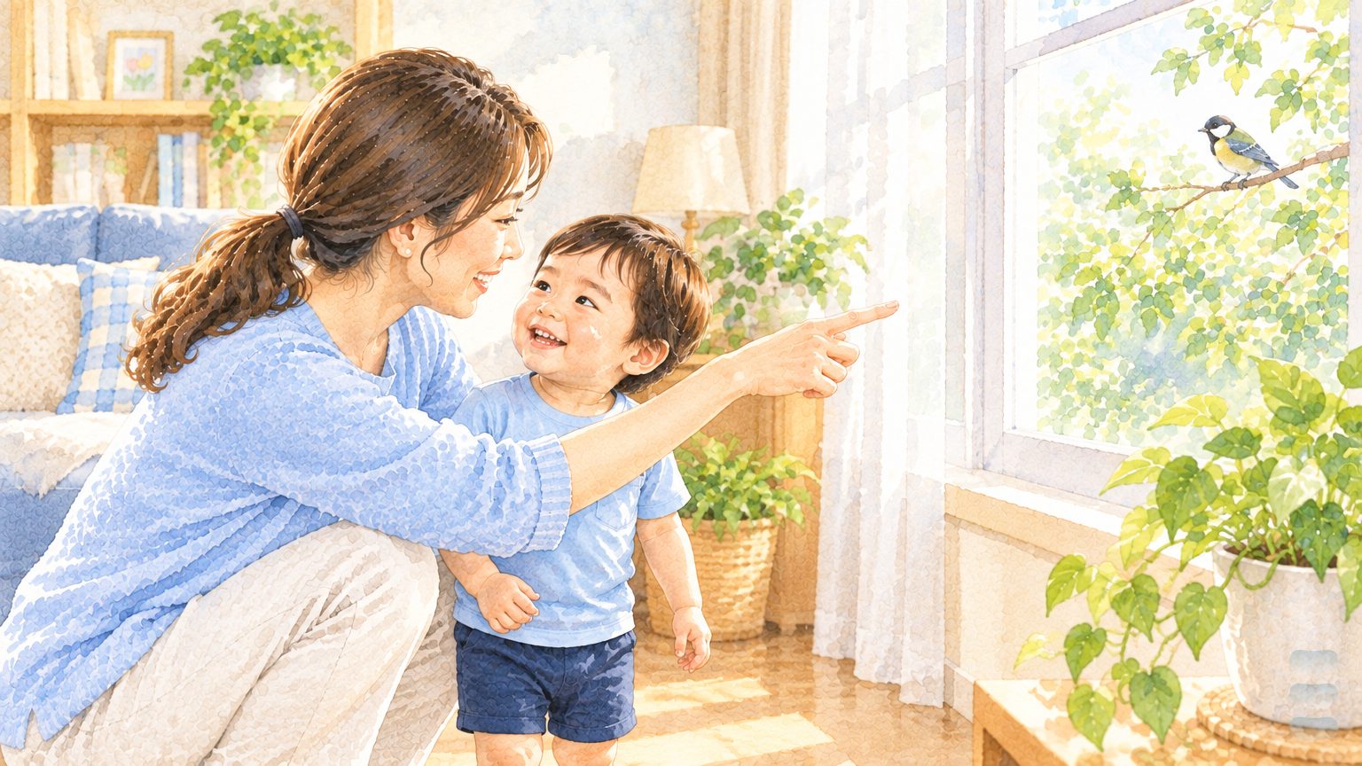 AI 生成水彩情境插畫:客廳裡媽媽蹲在兩歲男孩旁邊指向窗外的小鳥,男孩順著看再回頭看媽媽的臉(非本院治療師或實際病人)