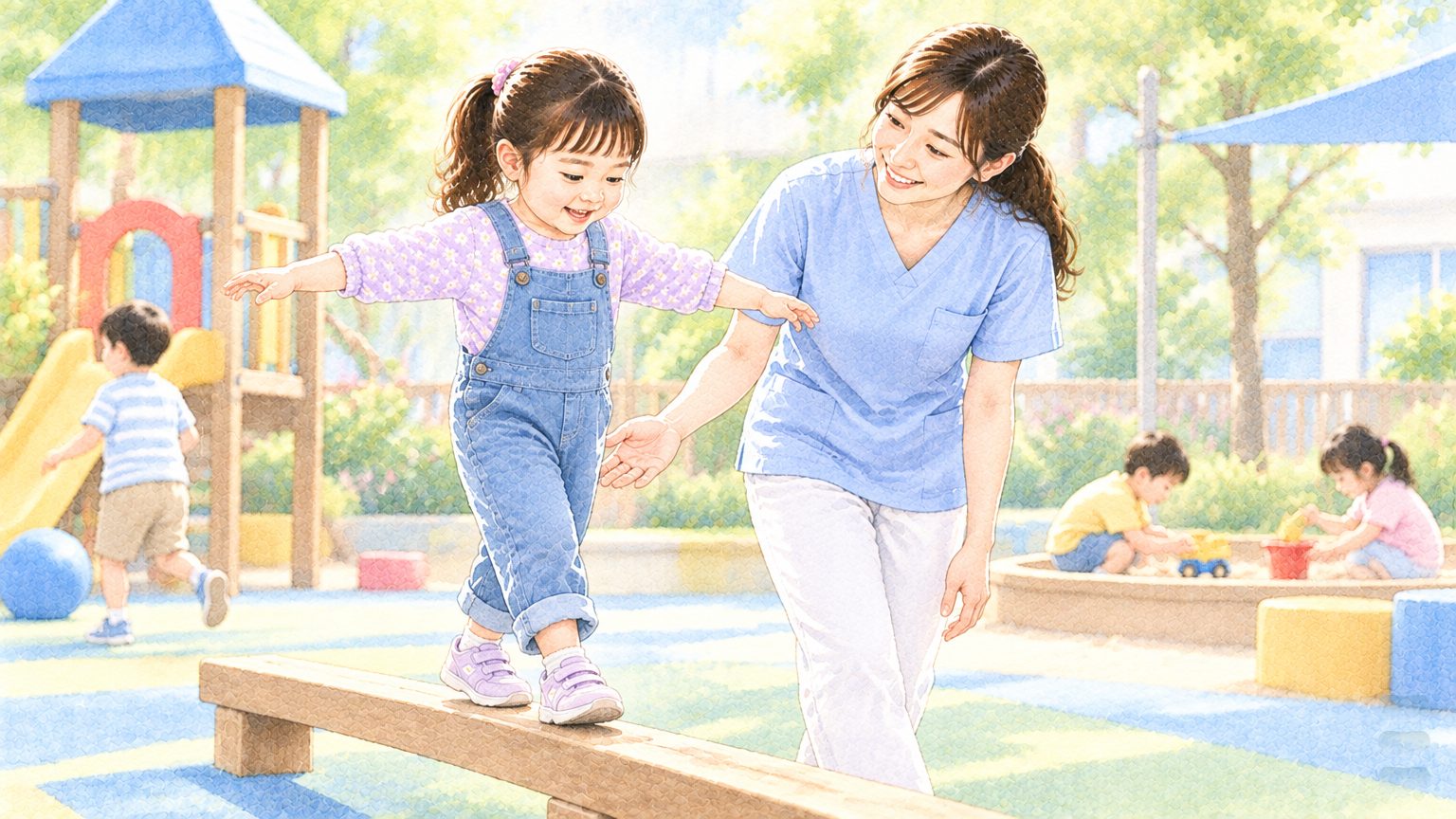 暖調水彩插畫:明亮的幼兒園遊戲場裡,四歲女孩張開雙臂走在低矮的木頭平衡木上,物理治療師走在旁邊伸手準備接應但沒有碰她