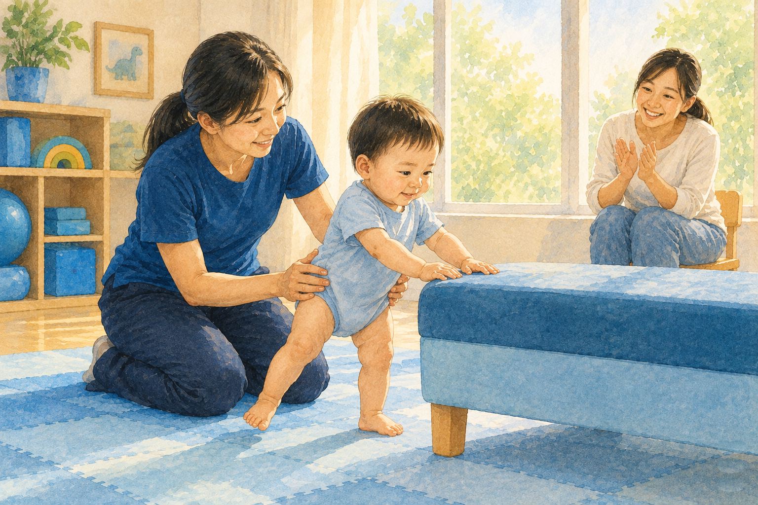 水彩插畫:小兒物理治療室裡,治療師跪坐地墊雙手扶著一歲多寶寶的骨盆,寶寶扶著矮桌往側邊跨一步,媽媽在旁拍手鼓勵