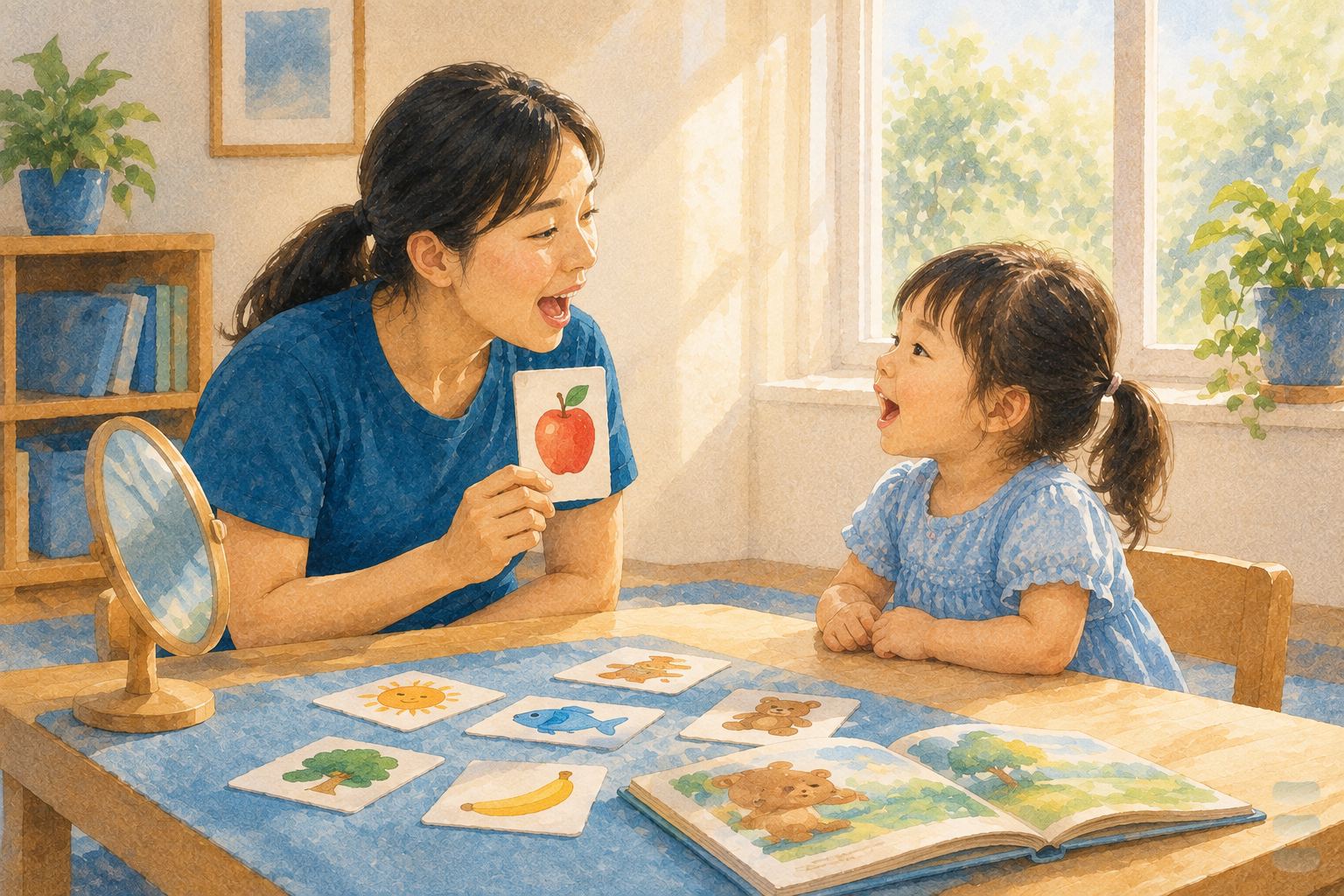 暖調水彩插畫:語言治療師拿著蘋果圖卡張口示範發音,對面的幼兒也張大嘴巴跟著出聲,桌上攤著一排圖卡