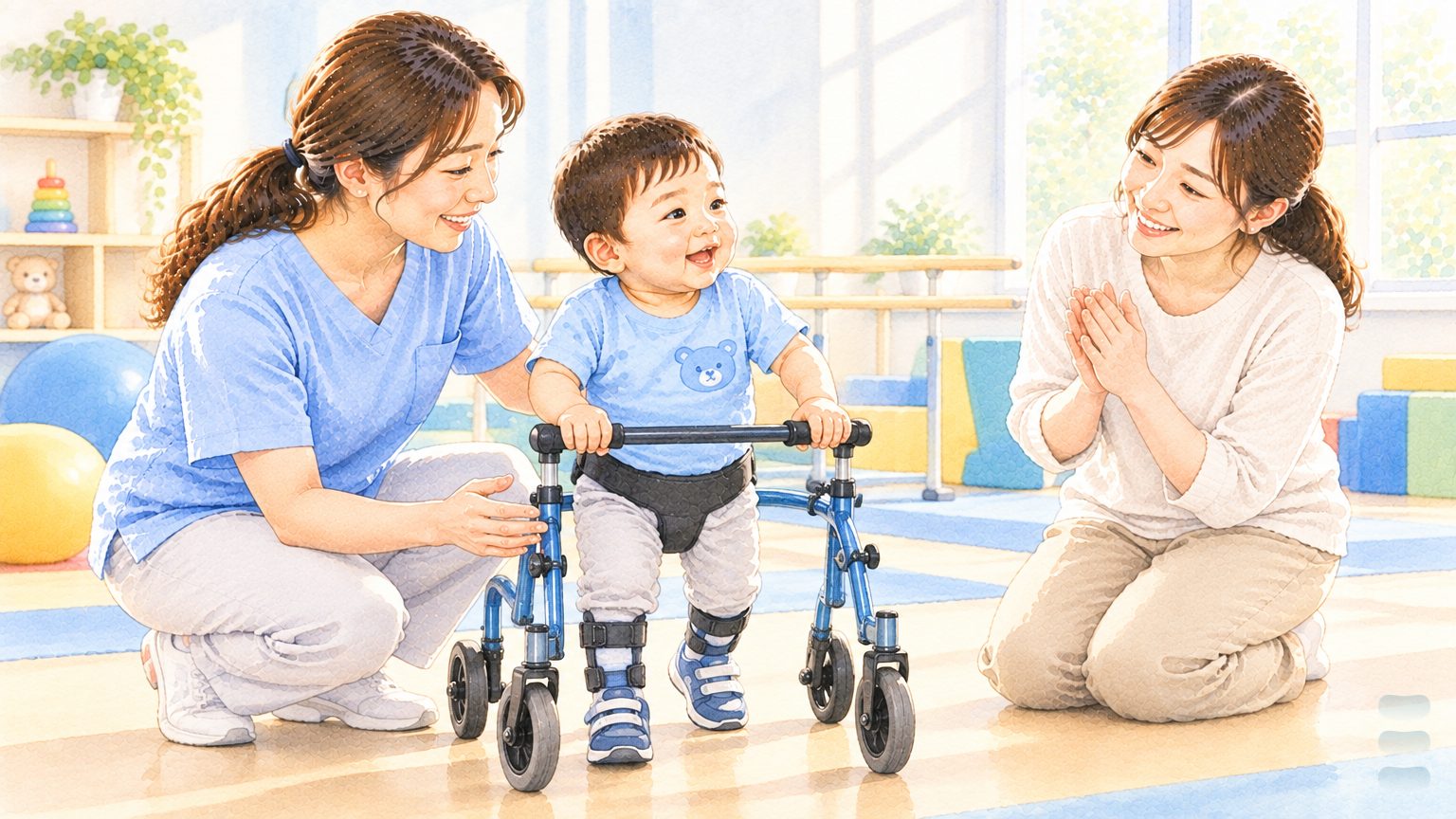 暖調水彩插畫:明亮的治療室裡,四歲腦性麻痺男孩用後拉式助行器驕傲地走著,物理治療師蹲在旁邊張開手準備接應,媽媽在一旁拍手