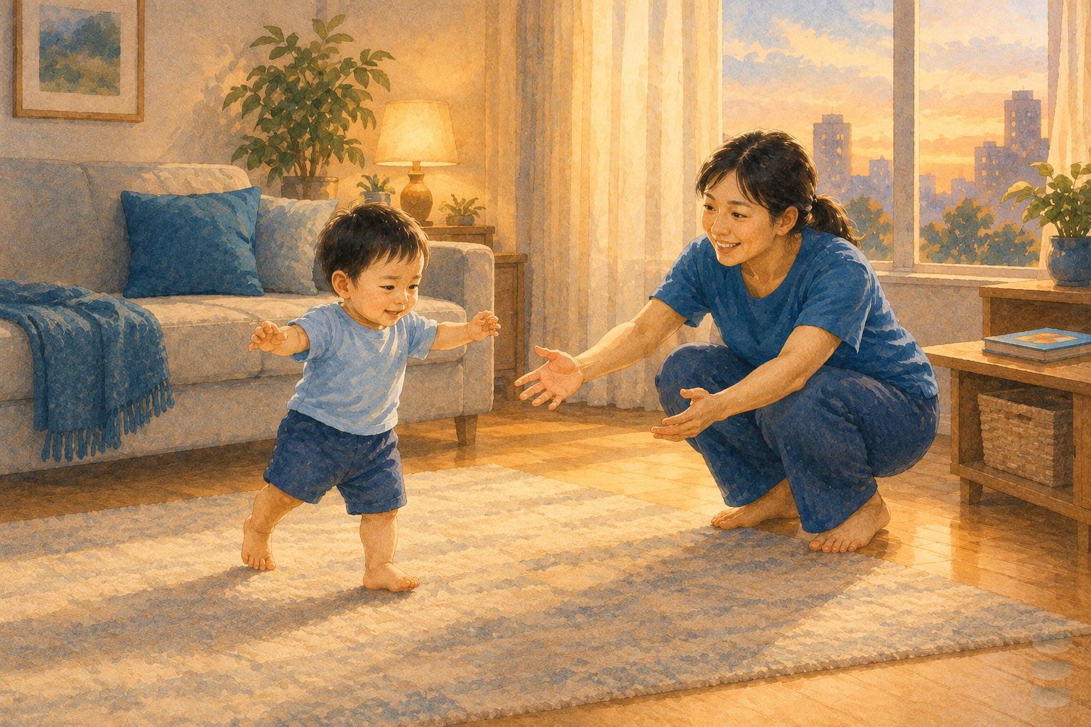 溫暖水彩插畫:傍晚的台灣家庭客廳,一歲多的幼兒穿淺藍色上衣搖搖晃晃走出前幾步、雙手微張保持平衡,兩公尺外媽媽半蹲張開雙臂等他,矮櫃上放著一本小手冊。