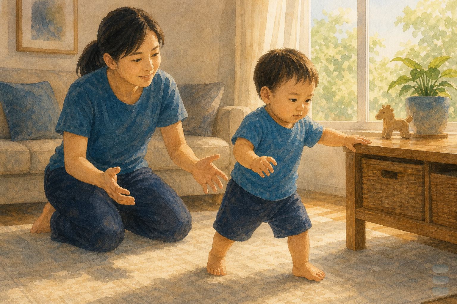 暖調水彩插畫:明亮的家中客廳,一歲多的台灣幼兒穿藍色上衣,一手扶著木頭矮櫃、另一手向外張開保持平衡,正要跨出第一步;媽媽跪在他身後半步,雙手張開準備著但沒有碰到他,神情安定地看著孩子。窗外是白天的綠意,地上鋪著淺色地墊。