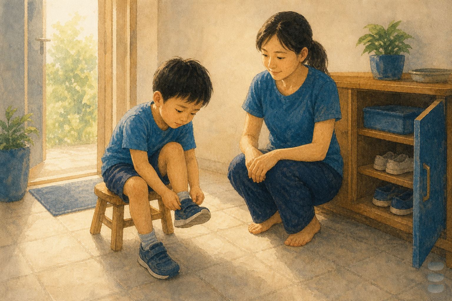暖調水彩插畫:早晨的家中玄關,一個約四歲的台灣男孩穿藍色上衣,坐在木頭小凳子上低頭專心地自己穿鞋;媽媽蹲在他旁邊一步的距離,雙手放在膝蓋上沒有伸手幫忙,安靜地看著他。門半開著,門外透進明亮的晨光,牆邊有一個放著鞋子的木頭鞋櫃。