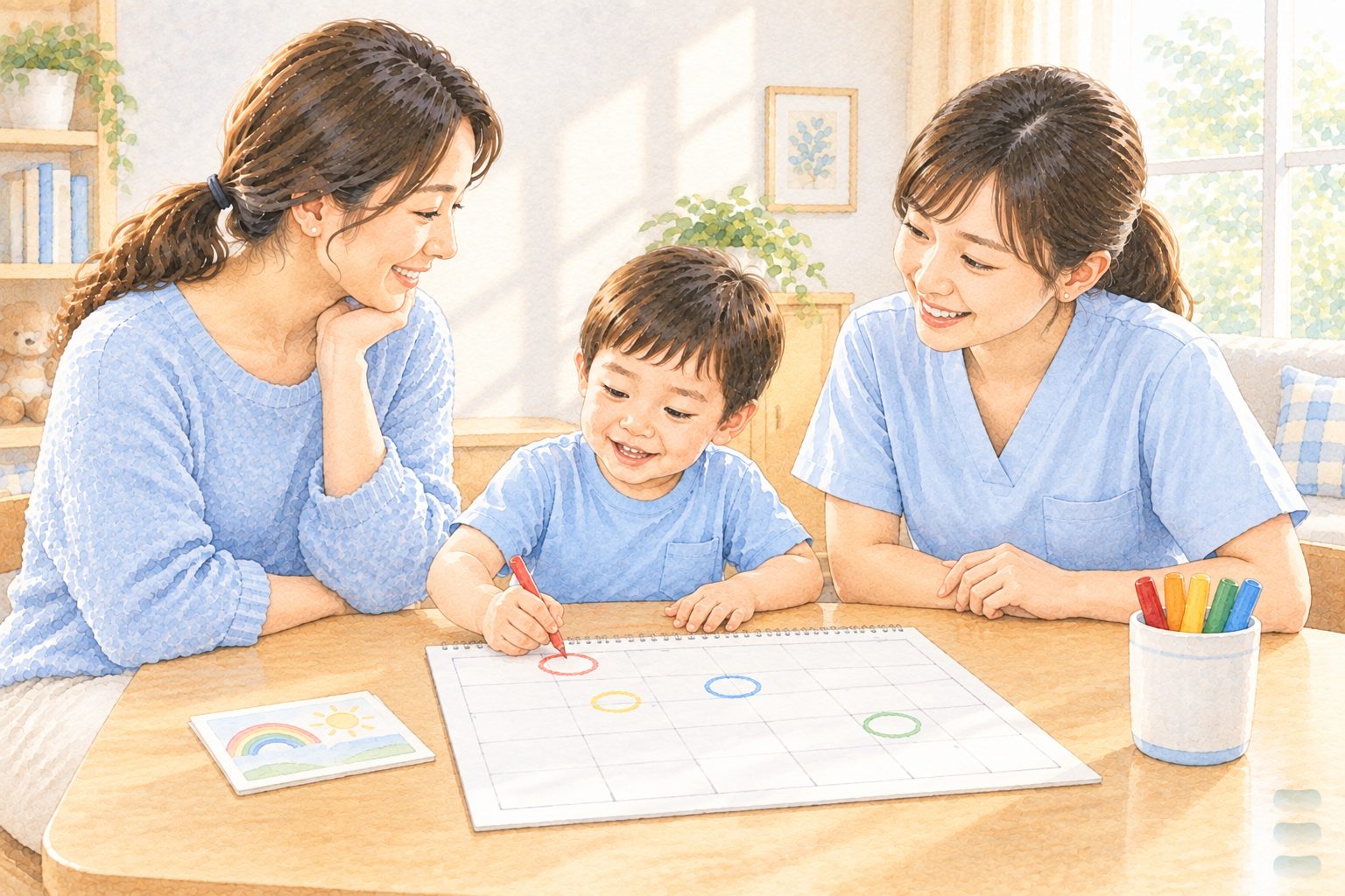 水彩插畫:明亮的兒童治療室,治療師、媽媽與四歲孩子圍著小桌,孩子拿彩色筆在大張月曆上畫圈,兩位大人微笑看著
