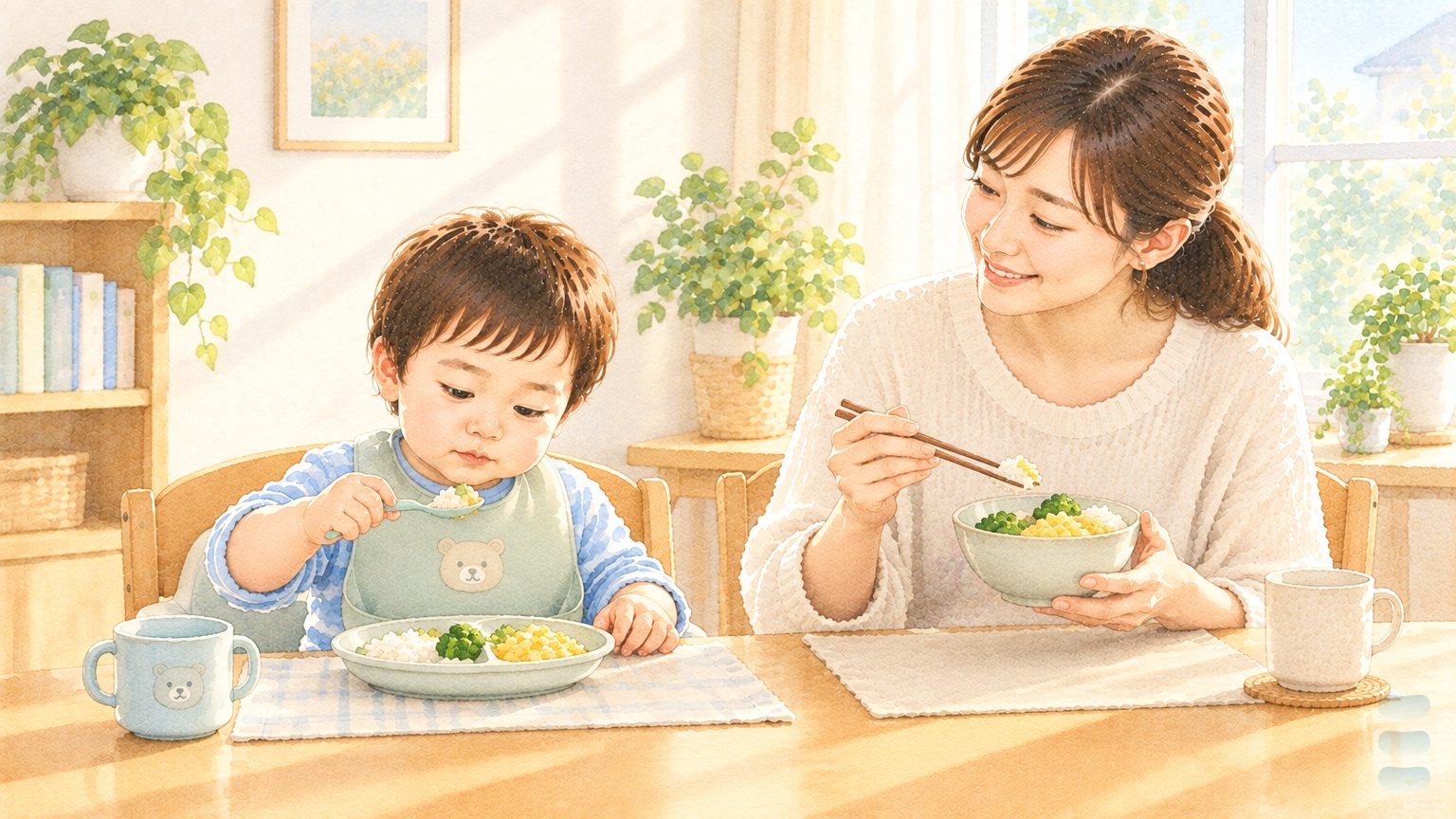 AI 生成水彩情境插畫:餐桌前學齡前男孩自己用湯匙吃小盤子裡的飯菜,媽媽坐在旁邊吃自己碗裡同樣的食物(非本院治療師或實際病人)