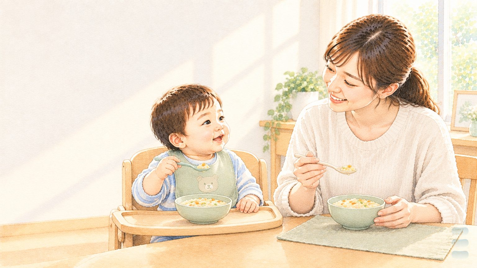 暖調水彩插畫:明亮的居家餐桌旁,幼兒坐在木製高腳椅上自己拿著湯匙,碗裡是軟質食物,家長坐在旁邊吃著同一道菜,神情放鬆不催促