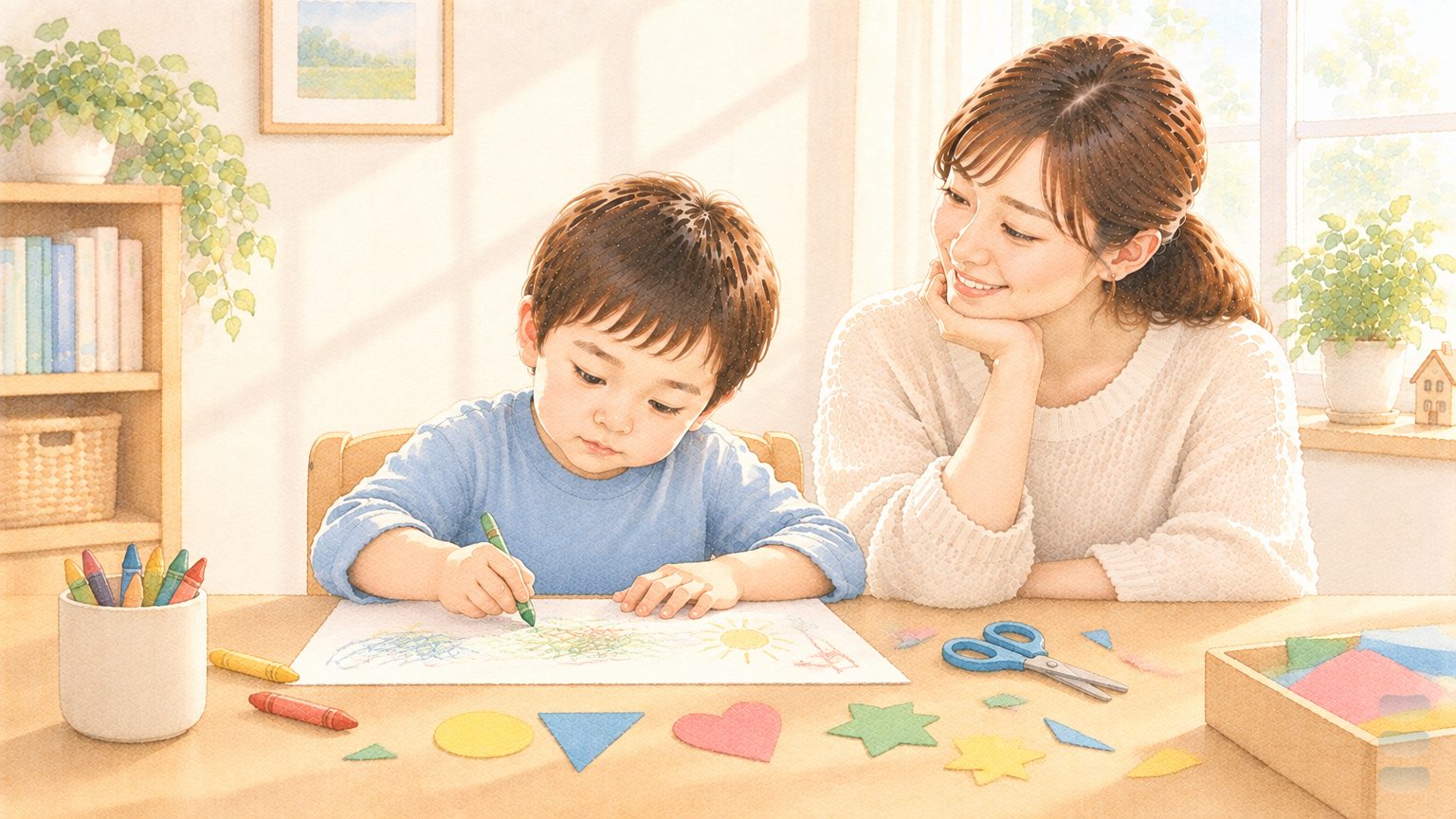 AI 生成水彩情境插畫:書桌前學齡前男孩用蠟筆畫畫,桌上有兒童安全剪刀與剪好的色紙形狀,家長坐在旁邊看著(非本院治療師或實際病人)