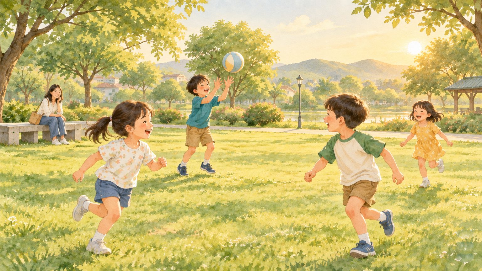 水彩情境插畫:傍晚的社區公園草地上,幾個國小年紀的孩子一起追著球跑、笑著玩,家長坐在後方長椅上看著,遠處是低矮的房舍與山丘。畫面為 AI 生成情境,非本院治療師或實際病人。