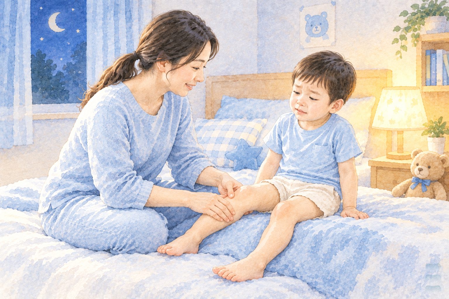 水彩插畫:夜晚的兒童房,五六歲孩子坐在床沿、表情有一點不舒服,媽媽坐在身旁用雙手輕輕幫他揉小腿,床頭的小夜燈亮著