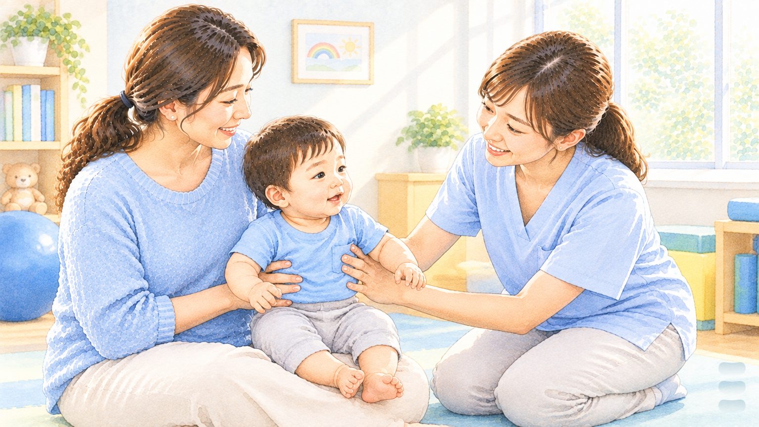 暖調水彩插畫:明亮的治療室裡,媽媽抱著八個月大的寶寶坐在腿上,物理治療師跪在前方輕扶寶寶的腋下幫他坐直,寶寶好奇地看著