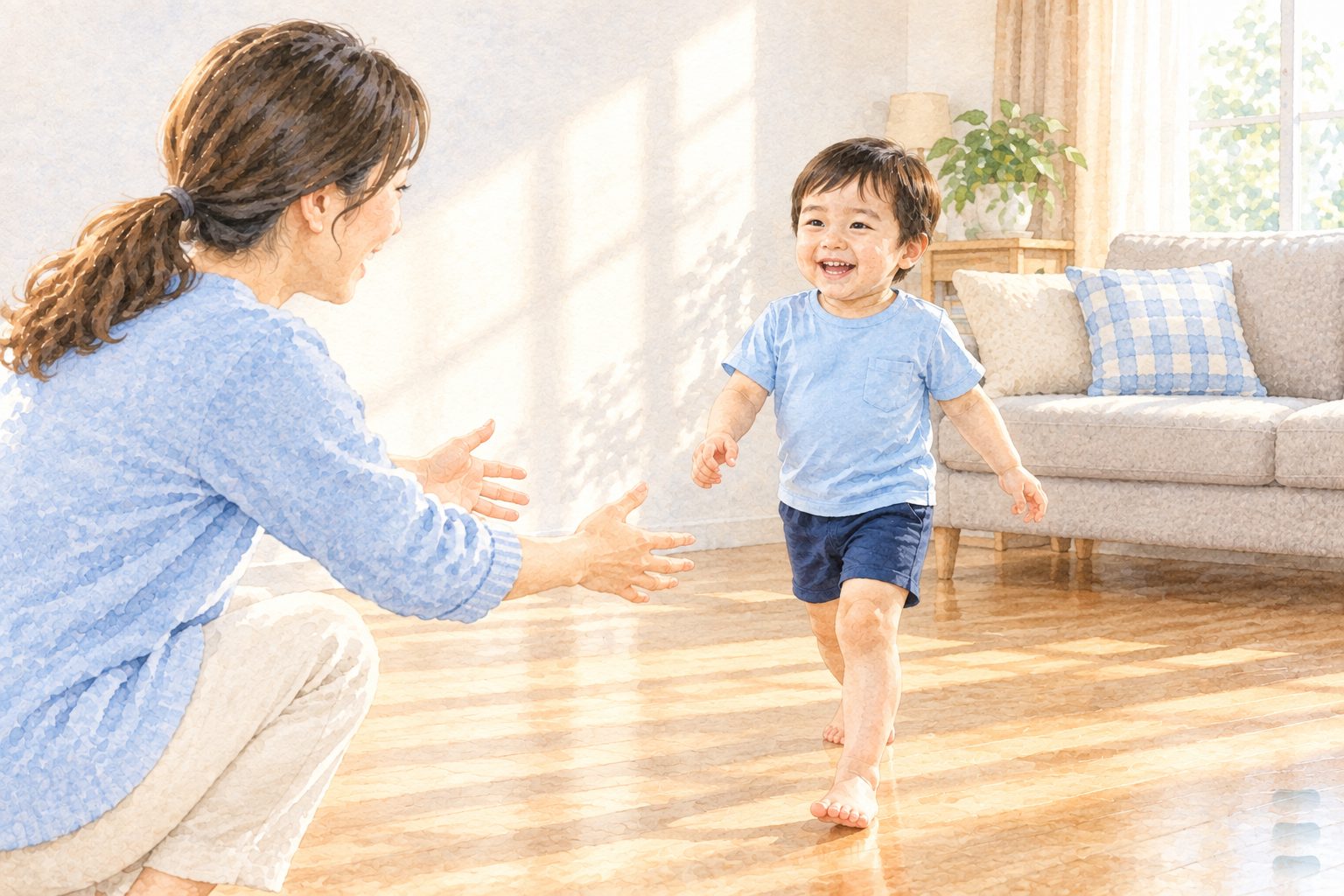 水彩插畫:白天的家中客廳,四歲孩子赤足朝鏡頭方向走過來、步態輕快,媽媽蹲在前方張開雙手等他
