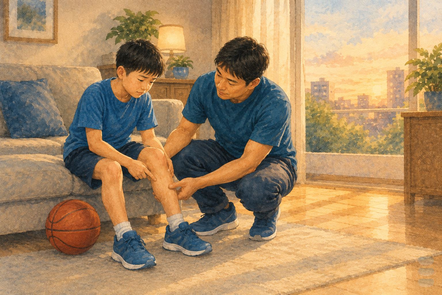 溫暖水彩插畫:傍晚的台灣家庭客廳,十二、三歲的男孩坐在沙發邊微微皺眉,一手指著自己右腳膝蓋下方的脛骨位置;一位大人半蹲在他面前,手輕輕托著他的小腿、低頭專注看著他指的那個點,腳邊放著一顆籃球。