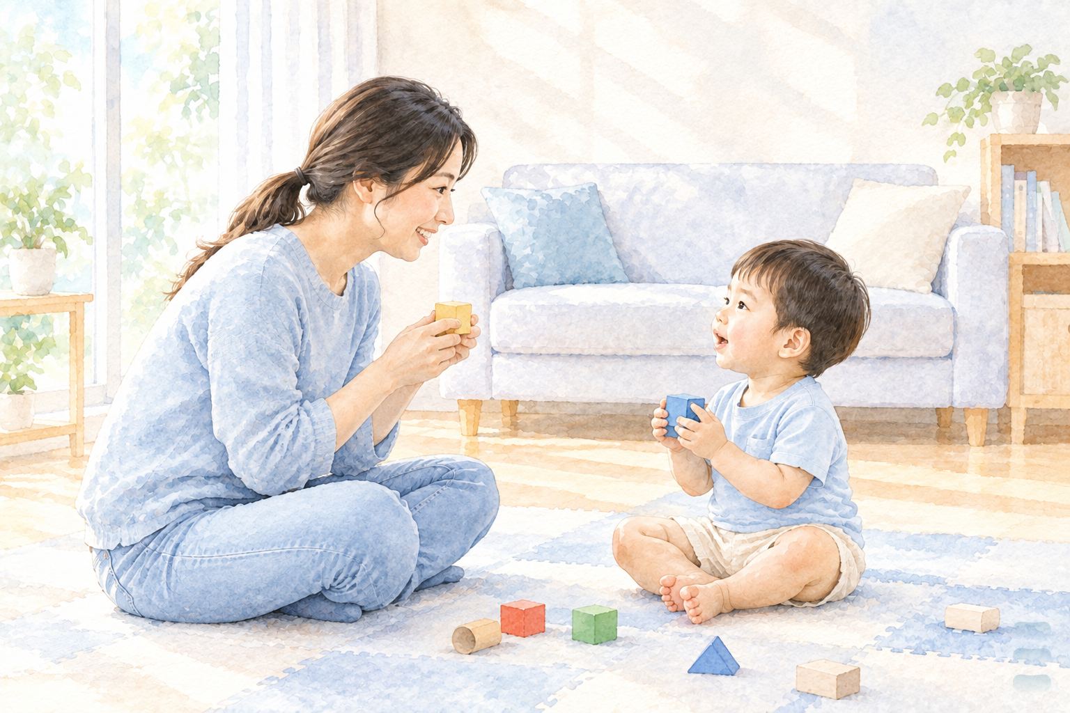 水彩插畫:明亮客廳的地墊上,兩歲幼兒拿著一顆積木抬頭看著媽媽、嘴巴微張像要說話,媽媽盤腿坐在對面與他視線同高、身體微微前傾等他說