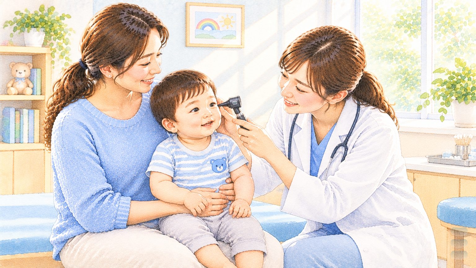 AI 生成水彩情境插畫:診間裡學齡前男孩坐在媽媽腿上,醫師用耳鏡檢查他的耳朵(非本院醫師或實際病人)