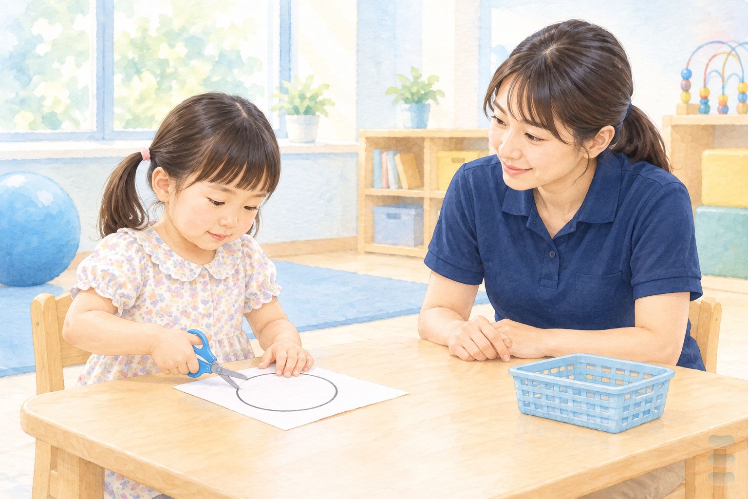 水彩插畫:明亮的兒童治療室裡,五歲女孩坐在矮桌前自己用兒童安全剪刀沿著粗線剪一個圓,職能治療師坐在桌子另一側視線同高,雙手放在桌上沒有伸手幫忙