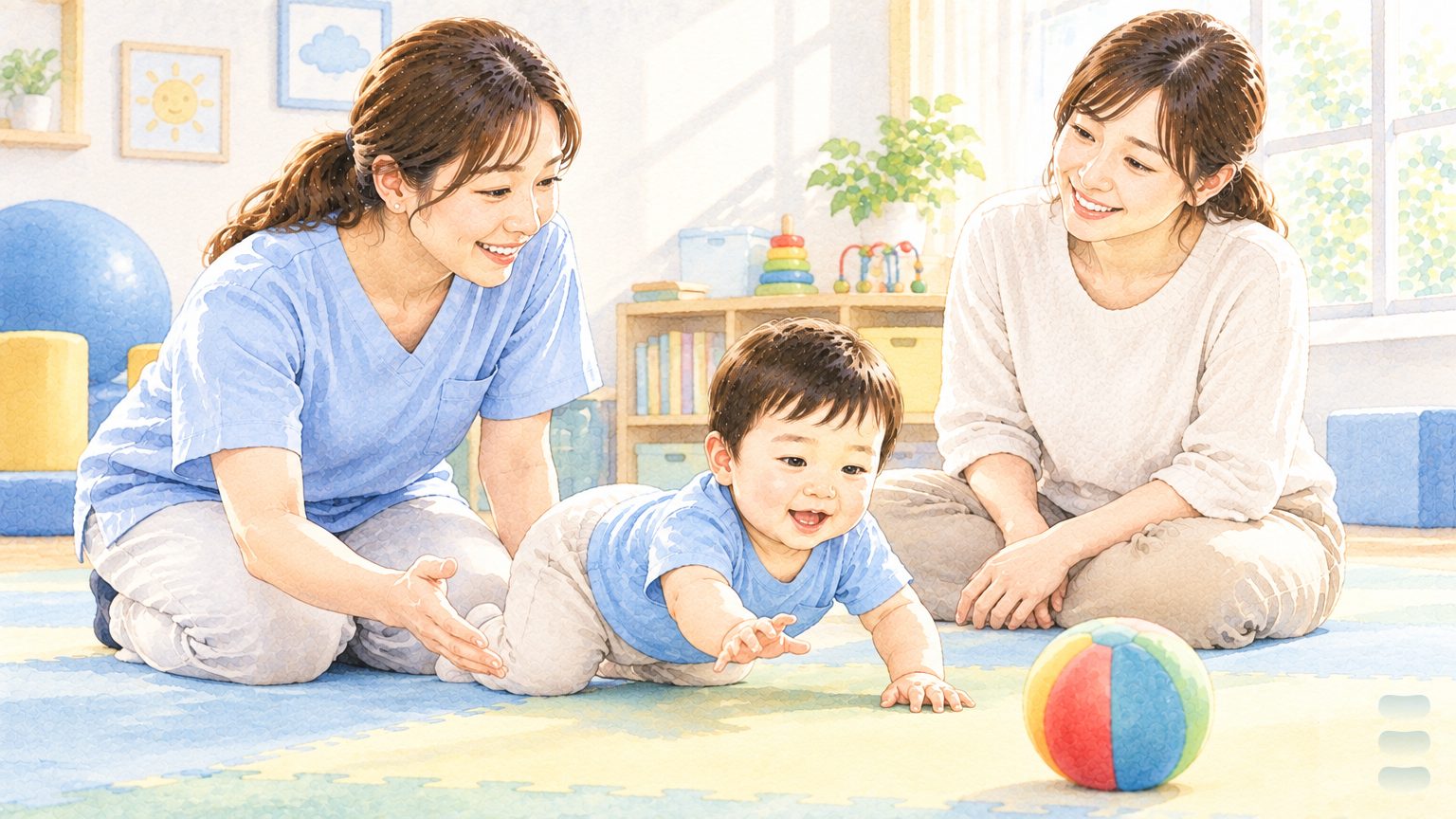 暖調水彩插畫:明亮的兒童治療室裡,十個月大的寶寶趴在地墊上伸手去搆一顆彩色球,物理治療師跪在旁邊張開手準備接應,媽媽坐在一旁微笑