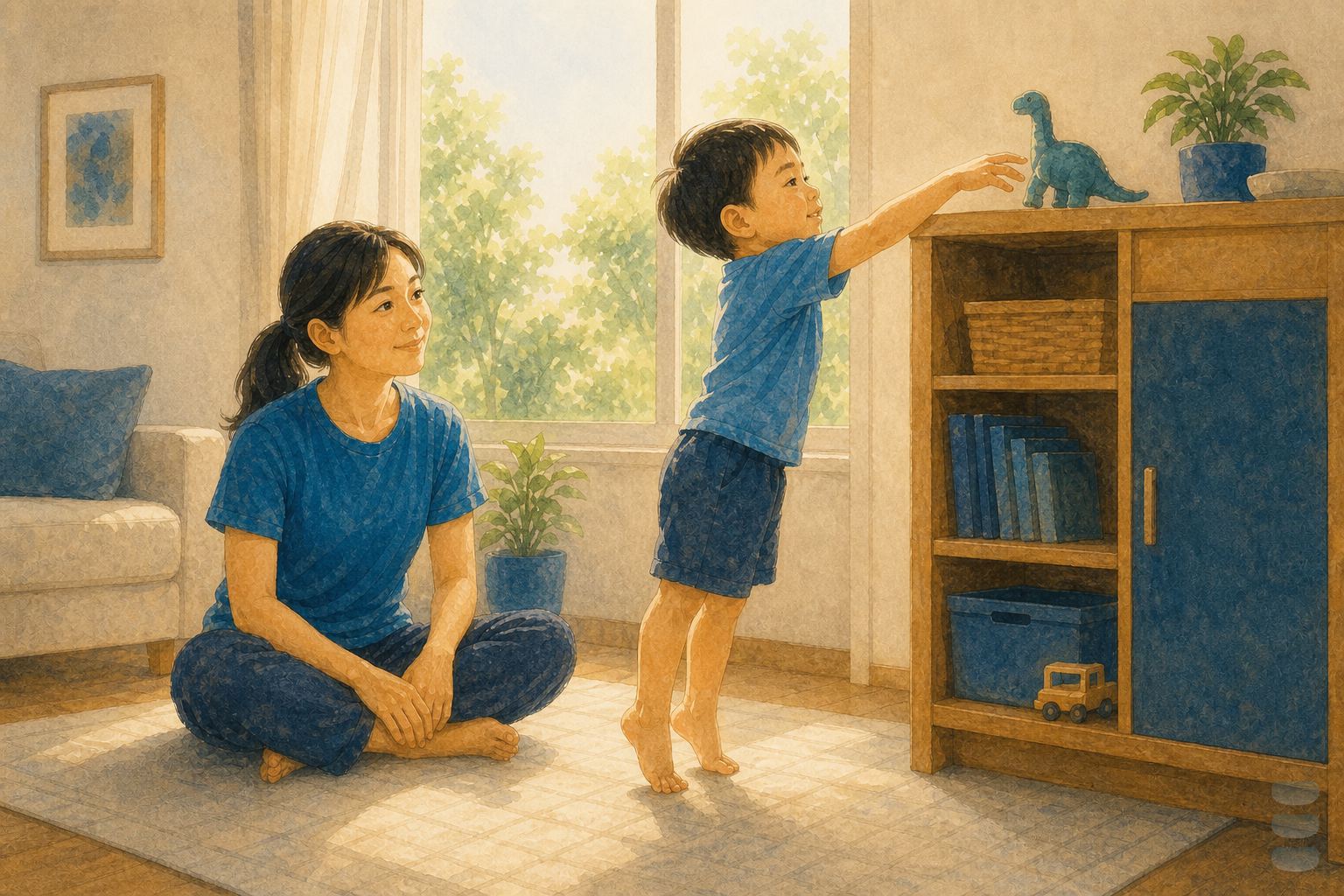 暖調水彩插畫:明亮的家中客廳,一個約四五歲的台灣男孩穿藍色上衣、光著腳,整個人踮起腳尖伸長手臂去拿木頭矮櫃最上層的一隻藍色恐龍玩具,兩邊腳跟都清楚抬離地面;媽媽盤腿坐在旁邊一步的距離,雙手放在腿上沒有幫忙,臉上帶著淺淺的笑意看著他。窗外是白天的綠意。