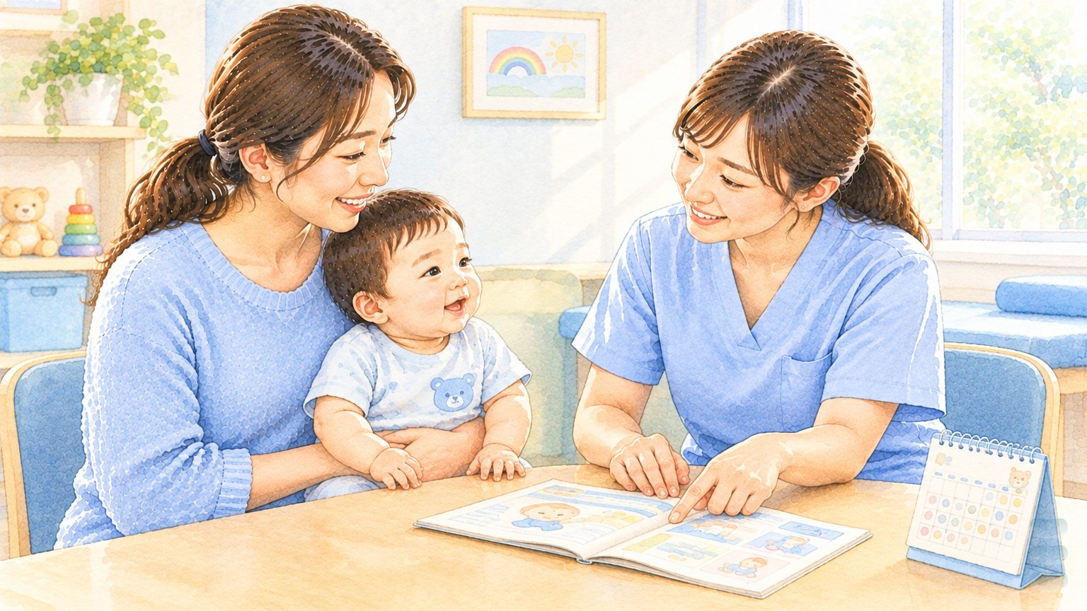 暖調水彩插畫:追蹤門診裡,媽媽抱著六個月大的早產寶寶坐在腿上,物理治療師在旁邊輕指桌上的兒童健康手冊與小月曆