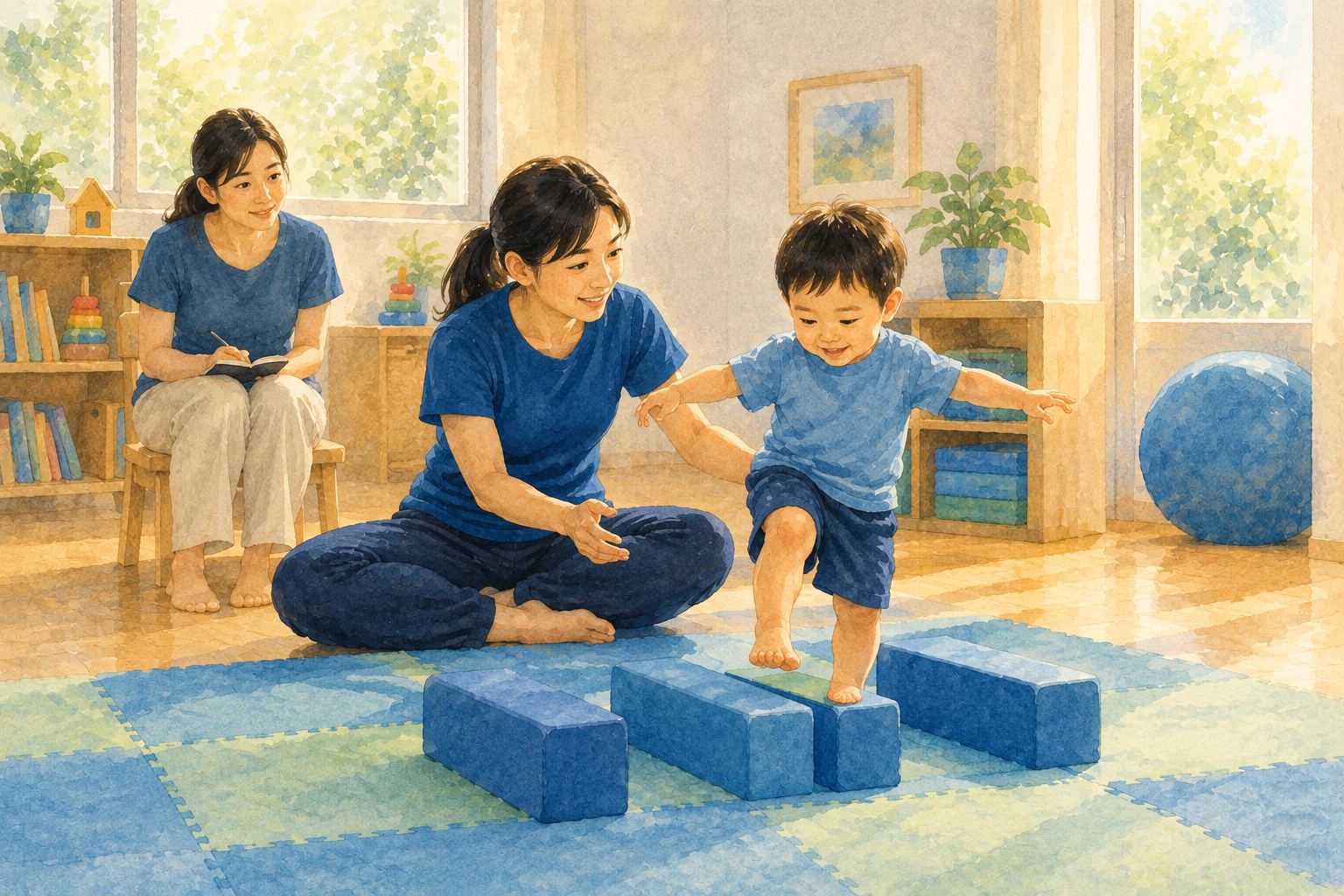 溫暖水彩插畫:明亮的兒童治療室,一位穿深藍色上衣的年輕女性物理治療師跪坐在地墊上,引導兩三歲的台灣幼兒跨過一排低矮的泡棉障礙,孩子雙手張開、表情專注;後方媽媽坐在小椅子上拿著筆記本認真看著。