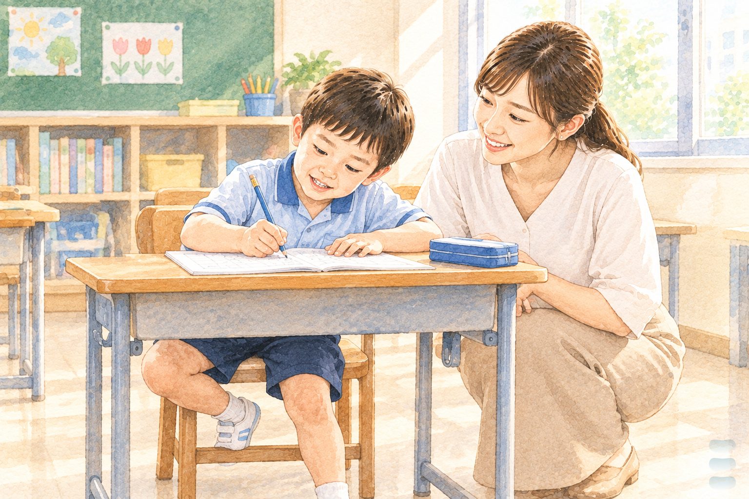 水彩插畫:台灣小學教室裡,一年級男孩坐在課桌前寫字、身體歪向一邊、握筆很用力,女老師蹲在旁邊溫和地看著他
