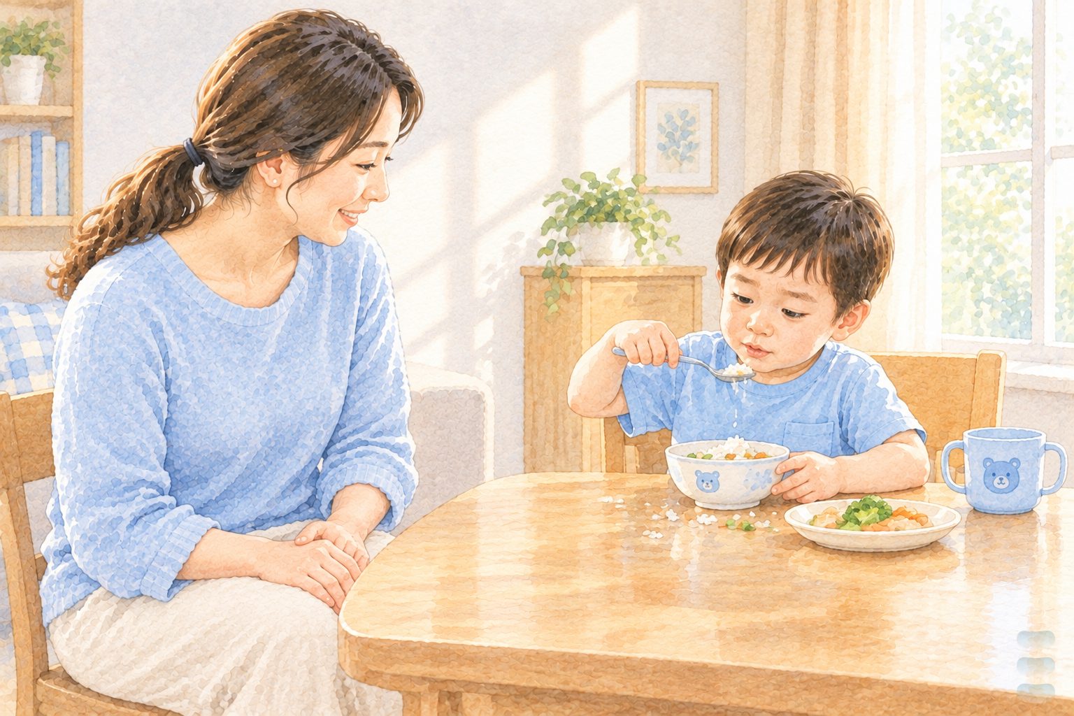 水彩插畫:台灣家庭餐桌上,三歲孩子自己拿湯匙吃飯、桌上灑了一點飯粒,媽媽坐在旁邊雙手放在膝上沒有幫忙、微笑看著他
