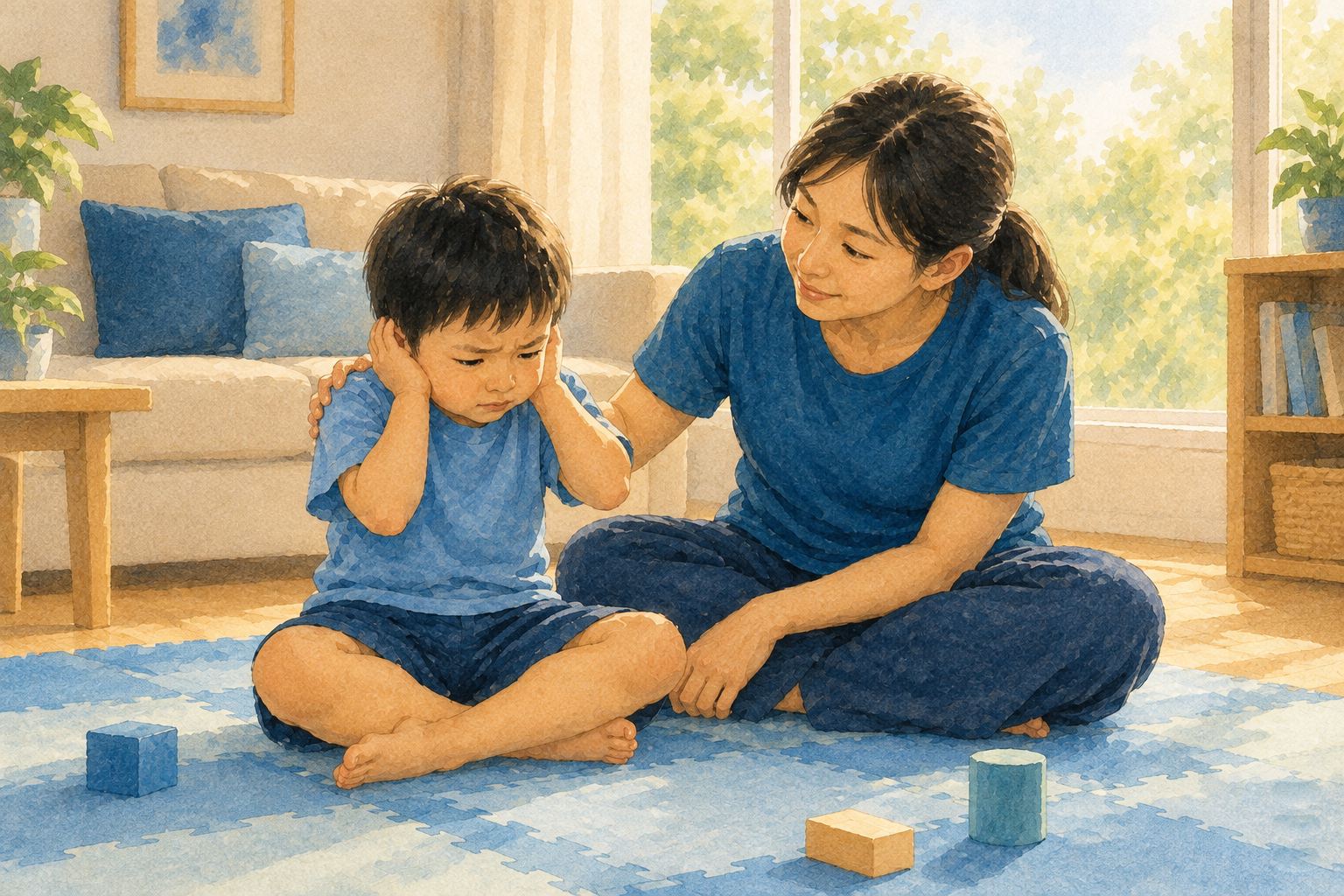 水彩插畫:明亮客廳地墊上,四歲男孩雙手輕輕蓋住耳朵,媽媽坐在旁邊同高、一手撫著他的背,神情溫柔安定