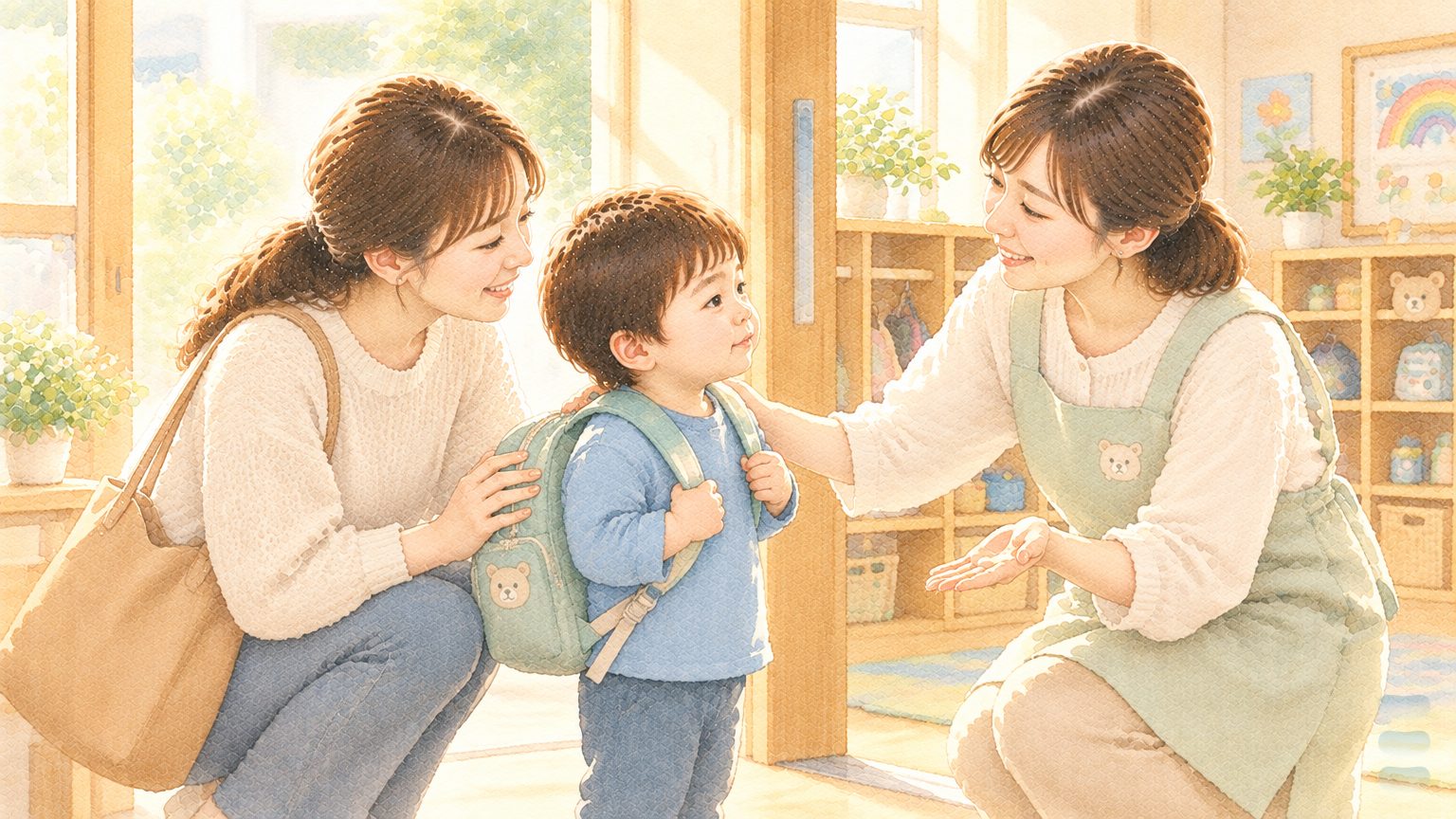 AI 生成水彩情境插畫:幼兒園教室門口的早晨,家長蹲下來與背著小背包的孩子道別,老師在旁邊伸手迎接(非本院治療師或實際病人)