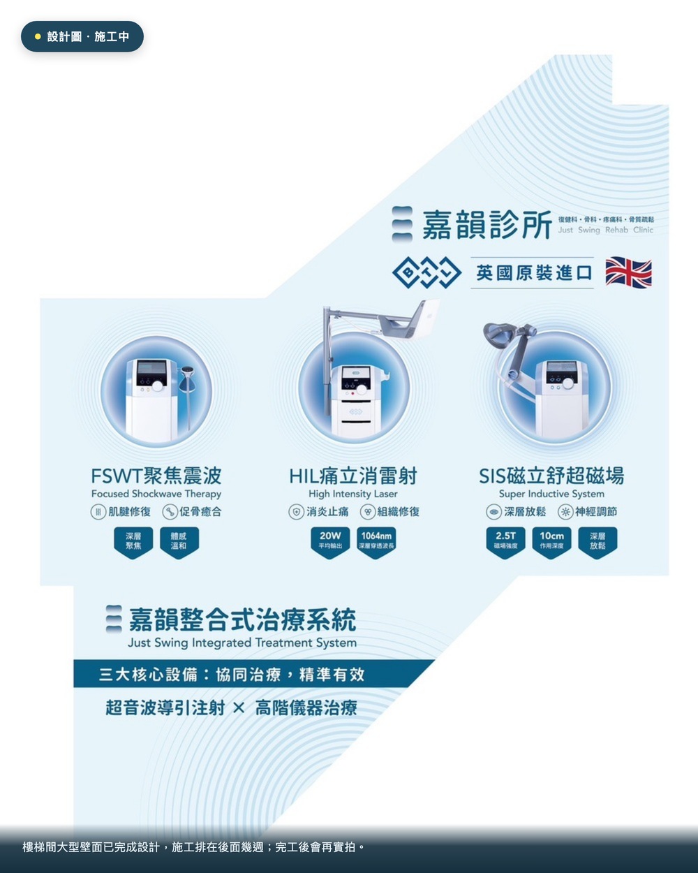 嘉韻樓梯間大型壁面設計圖,介紹 FSWT 聚焦震波、HIL 高能量雷射、SIS 超磁場三台儀器,左上角標示「設計圖・施工中」