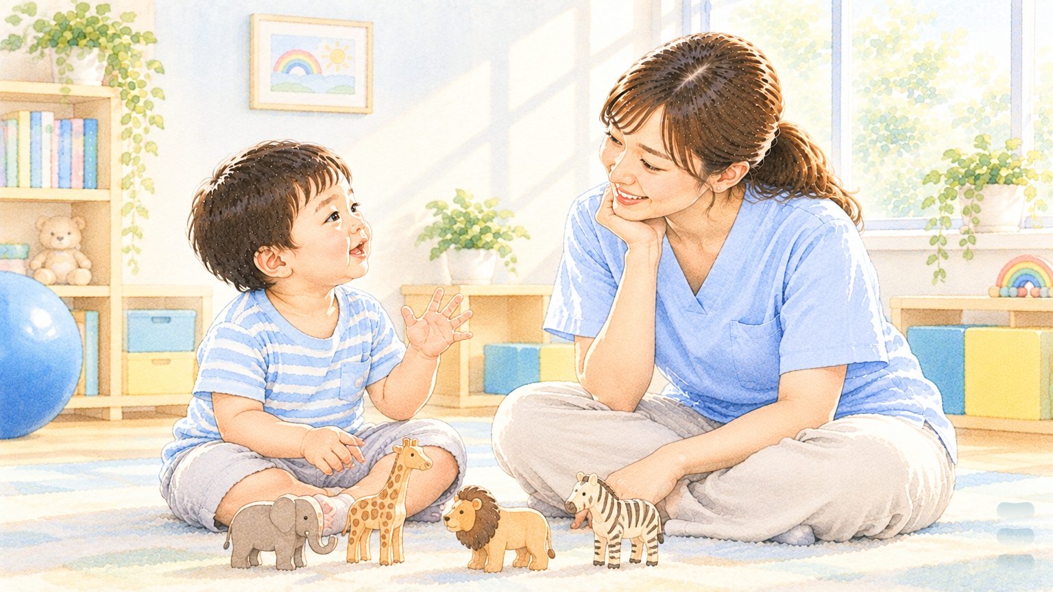 AI 生成水彩情境插畫:語言治療室裡,治療師坐在地板上專注聽四歲男孩說話,中間擺著木製動物玩具(非本院治療師或實際病人)