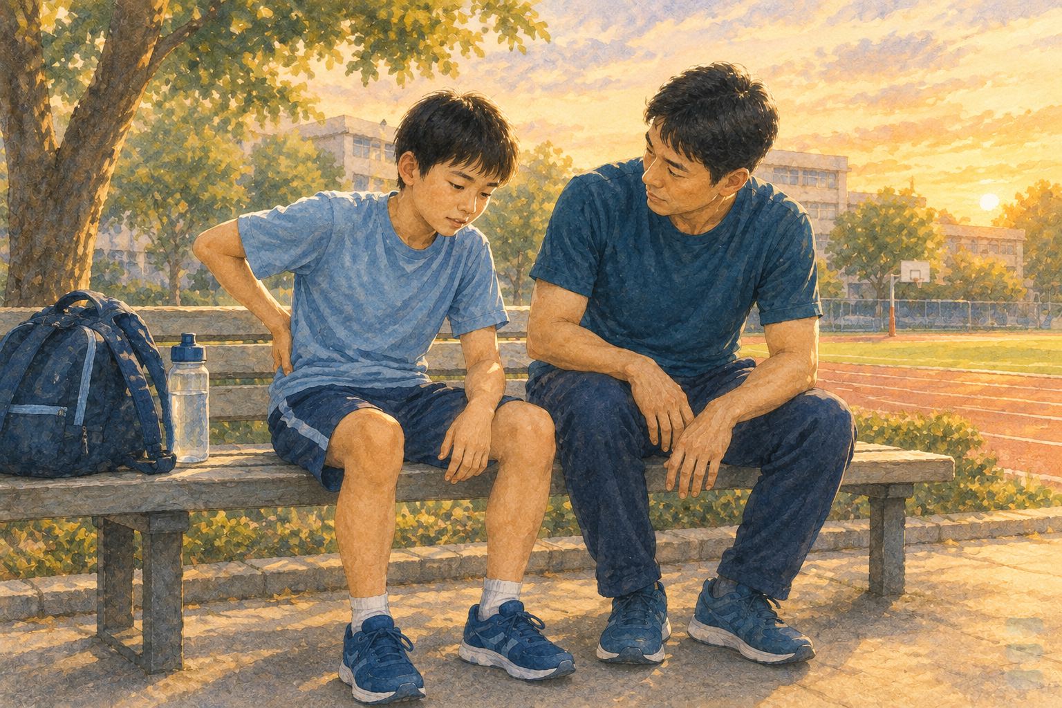 水彩插畫:傍晚的操場邊,國中男孩坐在長椅上反手摸著下背一側,爸爸坐在旁邊側身專注聽他說