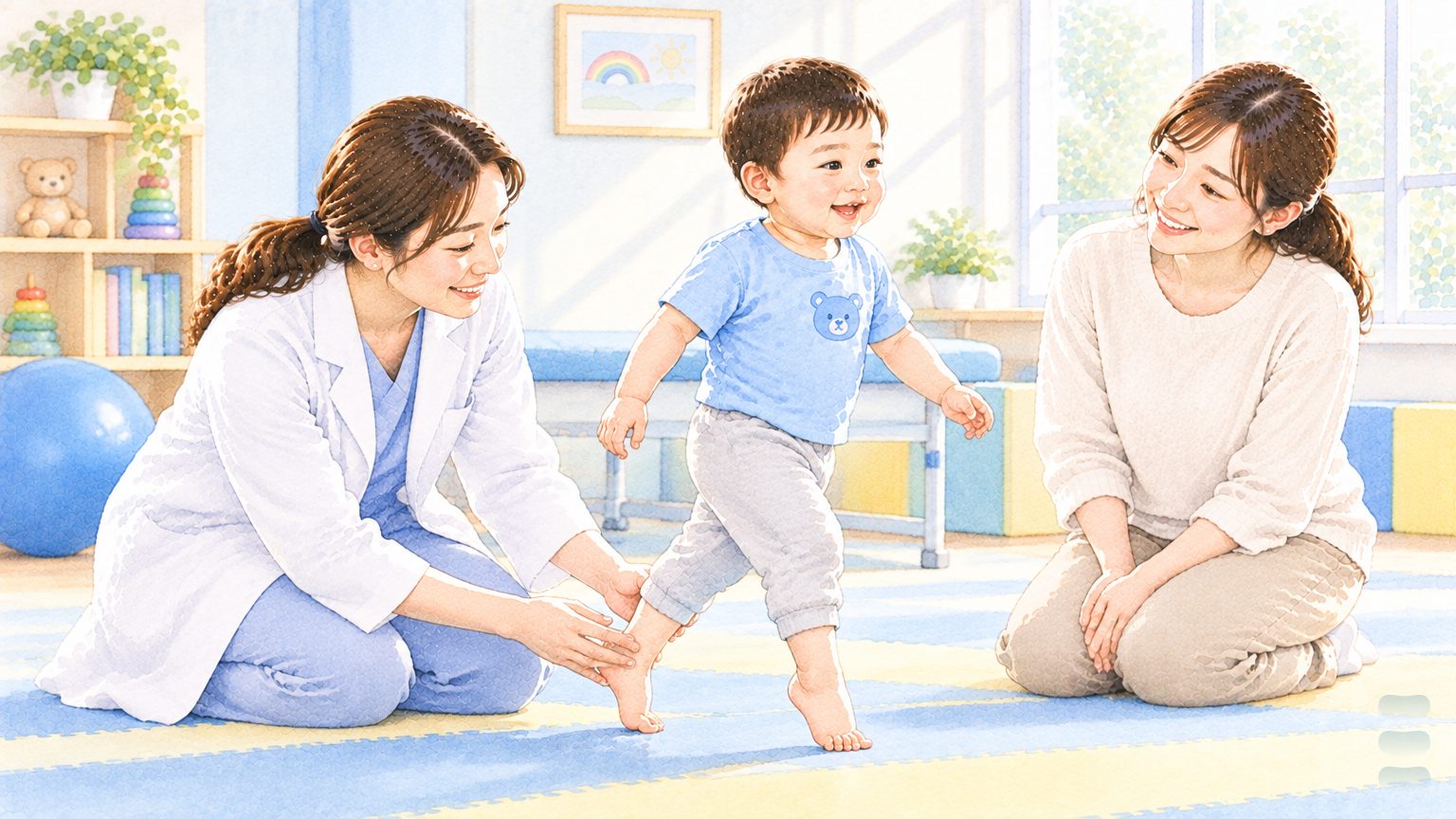 暖調水彩插畫:明亮的診間裡,三歲男孩踮著腳尖走過地墊,女醫師跪著輕輕檢查他的腳踝,媽媽在旁邊看著