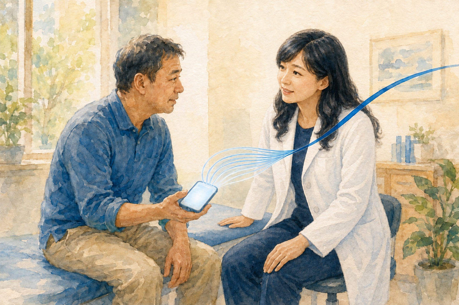 水彩插畫:嘉義嘉韻骨科復健科診間裡,女醫師身體前傾專注傾聽,病人遞出手機分享 AI 整理的症狀資訊,數條淺藍細線從手機匯聚成一條深藍曲線,象徵把許多答案收斂成一個決定