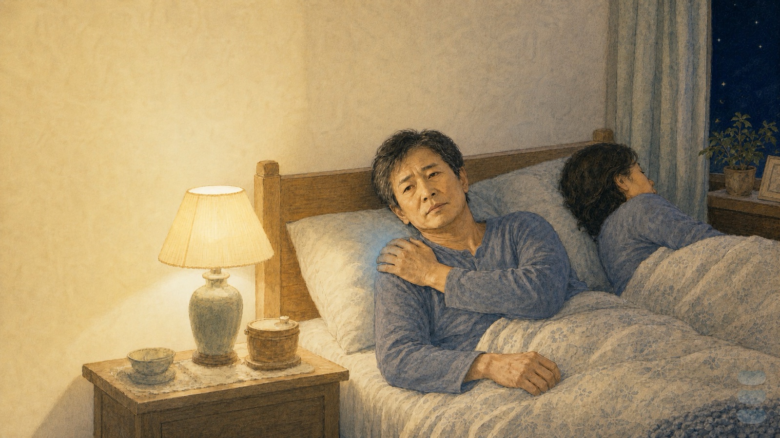 深夜臥室中,中年男性平躺在床上睜著眼,一手按著疼痛的肩膀,床頭暖黃小燈亮著,身旁伴侶安睡