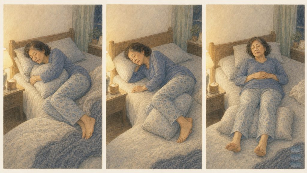 三種睡姿調整:肩痛患側朝上抱枕、腰痛側睡膝間夾枕、仰睡膝下墊枕