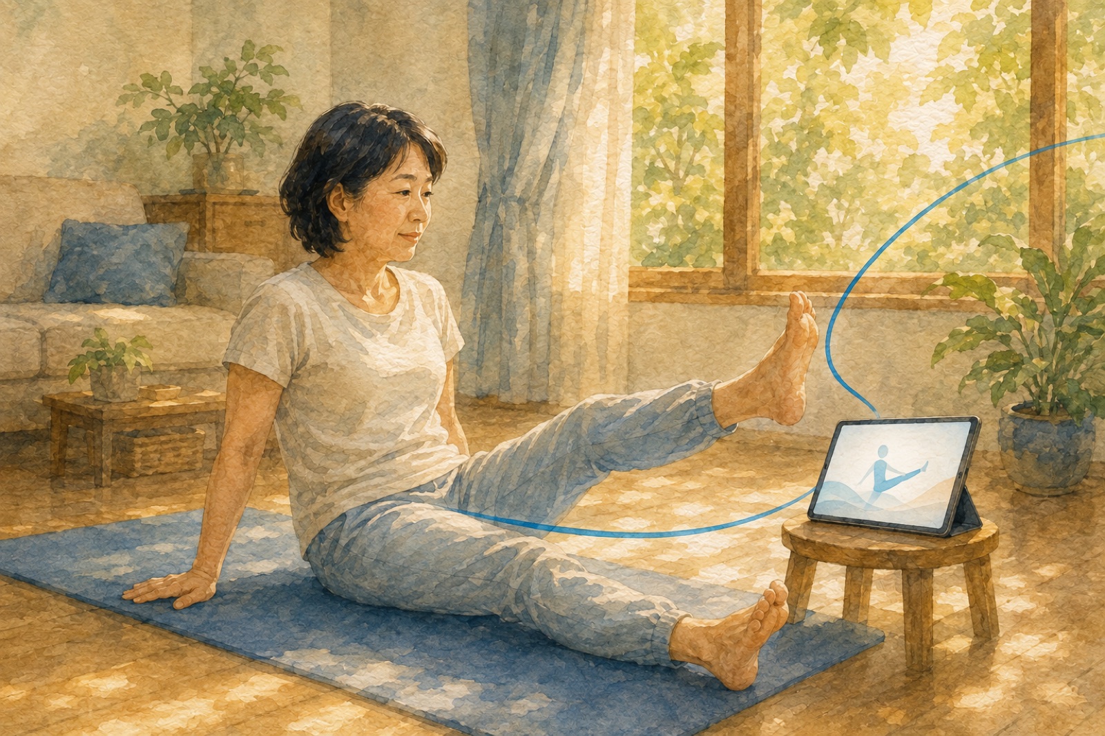水彩插畫:台灣中年女性在客廳瑜伽墊上做直膝抬腿運動,面前平板螢幕顯示抽象的藍色人形動作輪廓,一條品牌藍曲線從平板流出,象徵 AI 陪伴診間外的居家復健